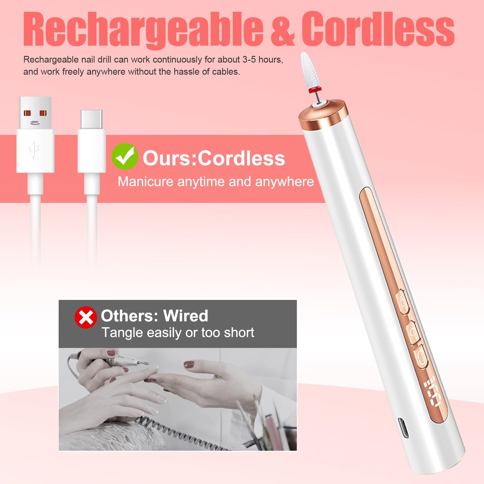 Professional Cordless Electric Nail Drill Kit with UV Light - Rechargeable Portable Nail File for Acrylic, Gel, Manicure & Pedicure - Perfect for Salon & Home Use - DIY Nail Art & Professional Nail Care Solution