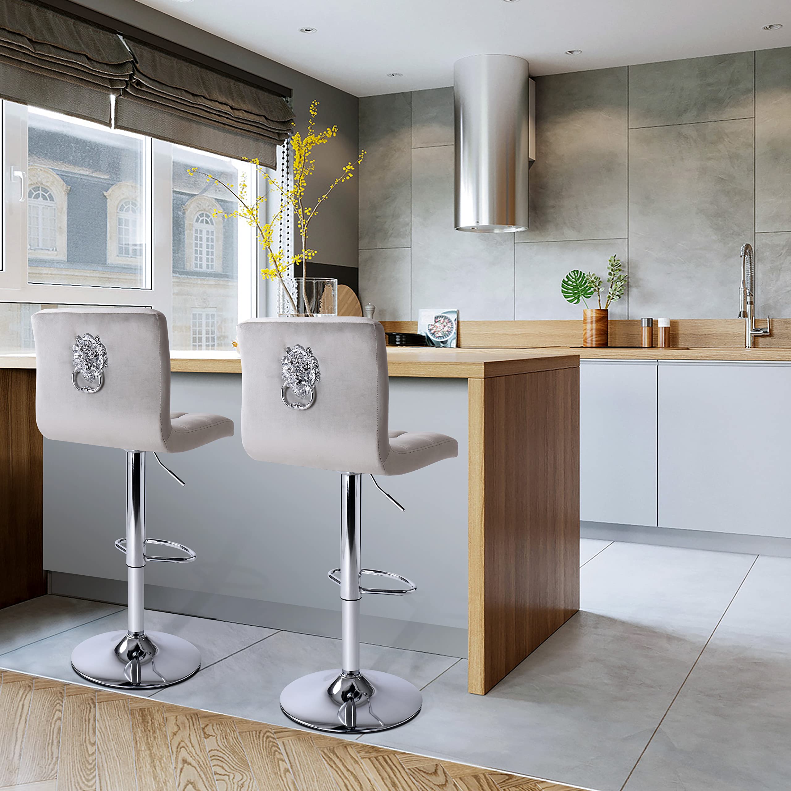 Finnhomy 2-Pack Swivel Bar Stools with Footrest - Adjustable Height Counter Stools, L-Shaped Thick Cushion & Back Handle, Velvet Upholstery in Light Grey - Perfect for Kitchen Islands, Breakfast Bars & Home Decor