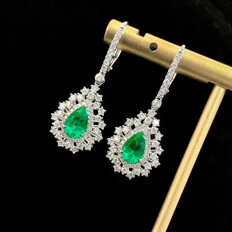 18K White Gold Emerald and Diamond Earrings for Women - Luxury Romantic Style Natural Gemstone Jewelry - Perfect for Senior Banquets, Weddings & Special Occasions