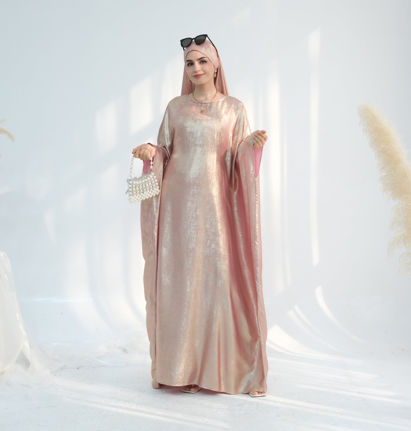 Linora Shimmer Butterfly Abaya Peach - Elegant Islamic Prayer Dress for Women | Perfect for Eid, Ramadan & Special Occasions
