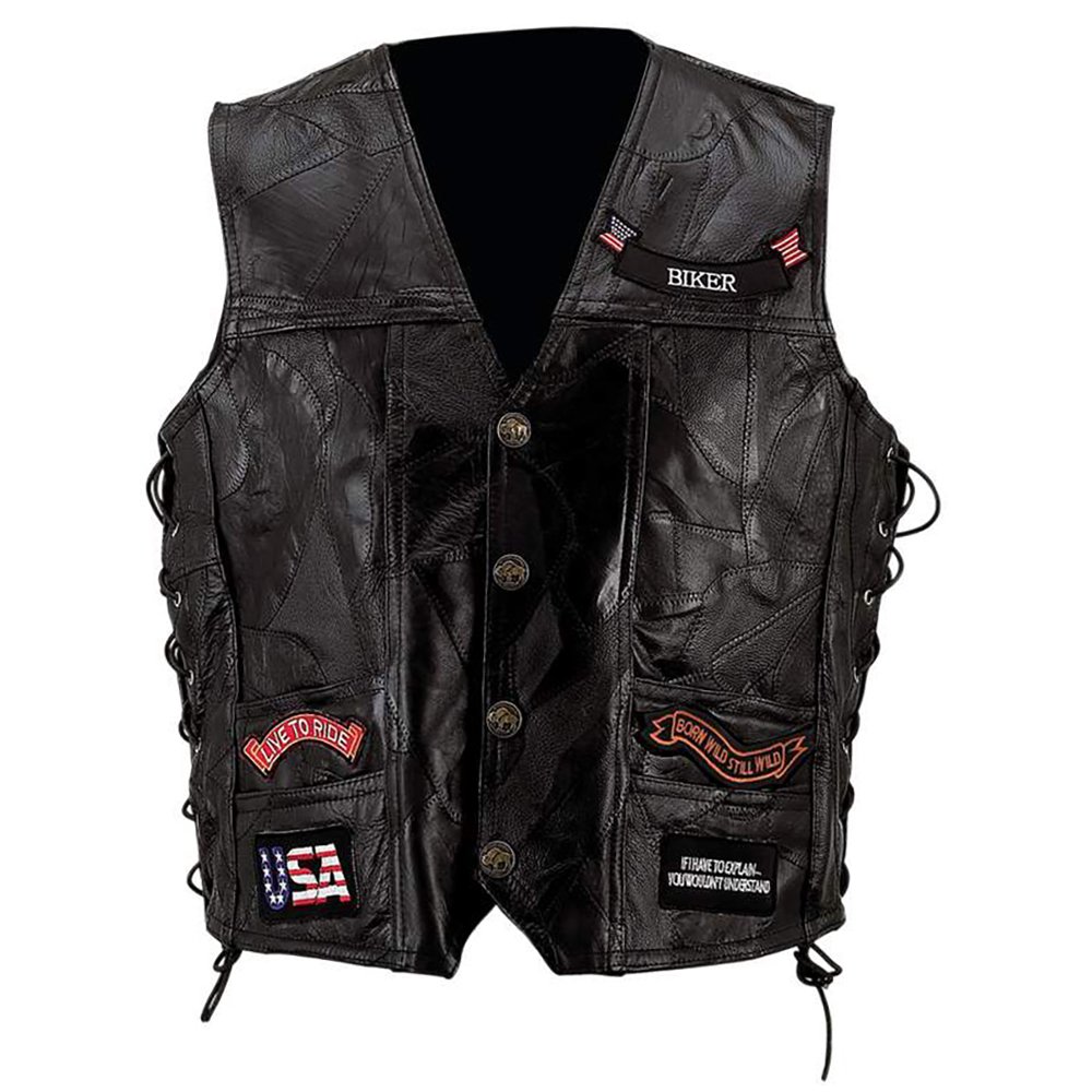 Men's Buffalo Leather Motorcycle Vest with Lace-Up Front, USA Flag & Eagle Embroidery, 14 Patches - Perfect for Biker Rides, Motorcycle Clubs & Casual Outfits