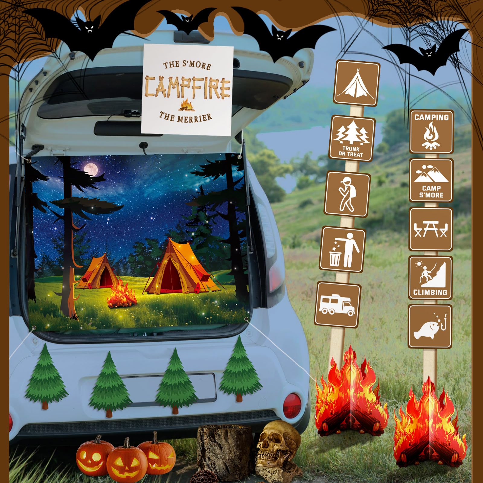 Frienda 18-Piece Halloween Trunk or Treat Car Decorations Kit - SUV & Camping Backdrop Cutouts, Cardboard Campfire Centerpiece - Perfect for Garage Door, Entryway, Halloween Party & Outdoor Camping Decorations