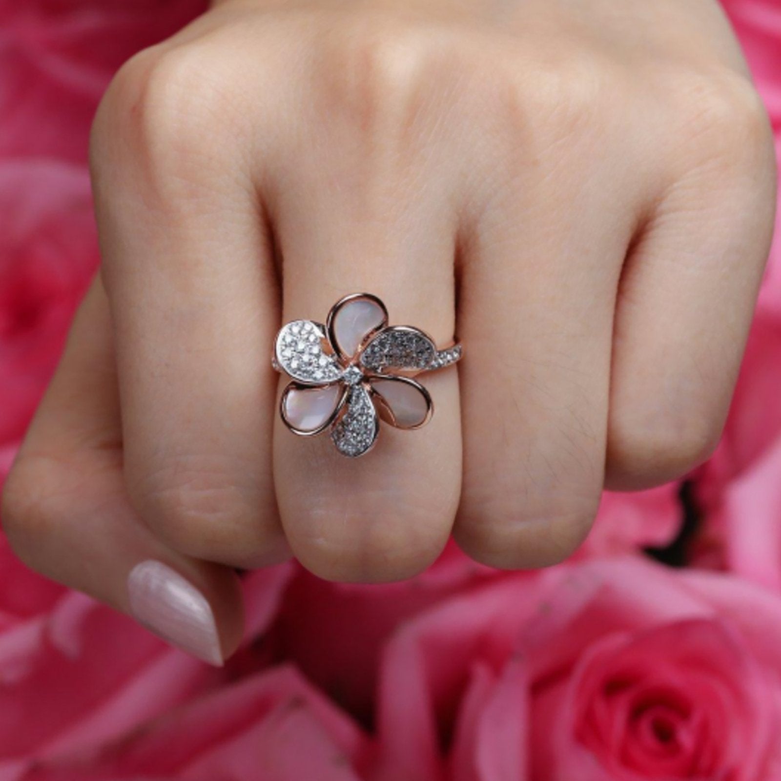 14K Rose Gold Mother of Pearl & Diamond Pave Flower Cocktail Ring - Elegant Jewelry for Parties, Weddings & Special Occasions