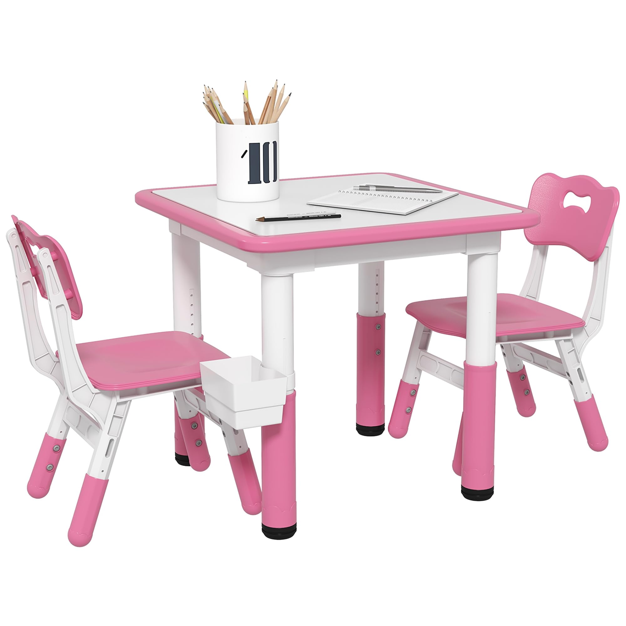 Qaba 3-Piece Kids Table and Chair Set - Adjustable Height Toddler Activity Table with Storage - Perfect for Playroom, Nursery, Classroom (Pink) | Ideal for Arts & Crafts, Snack Time, and Learning Activities