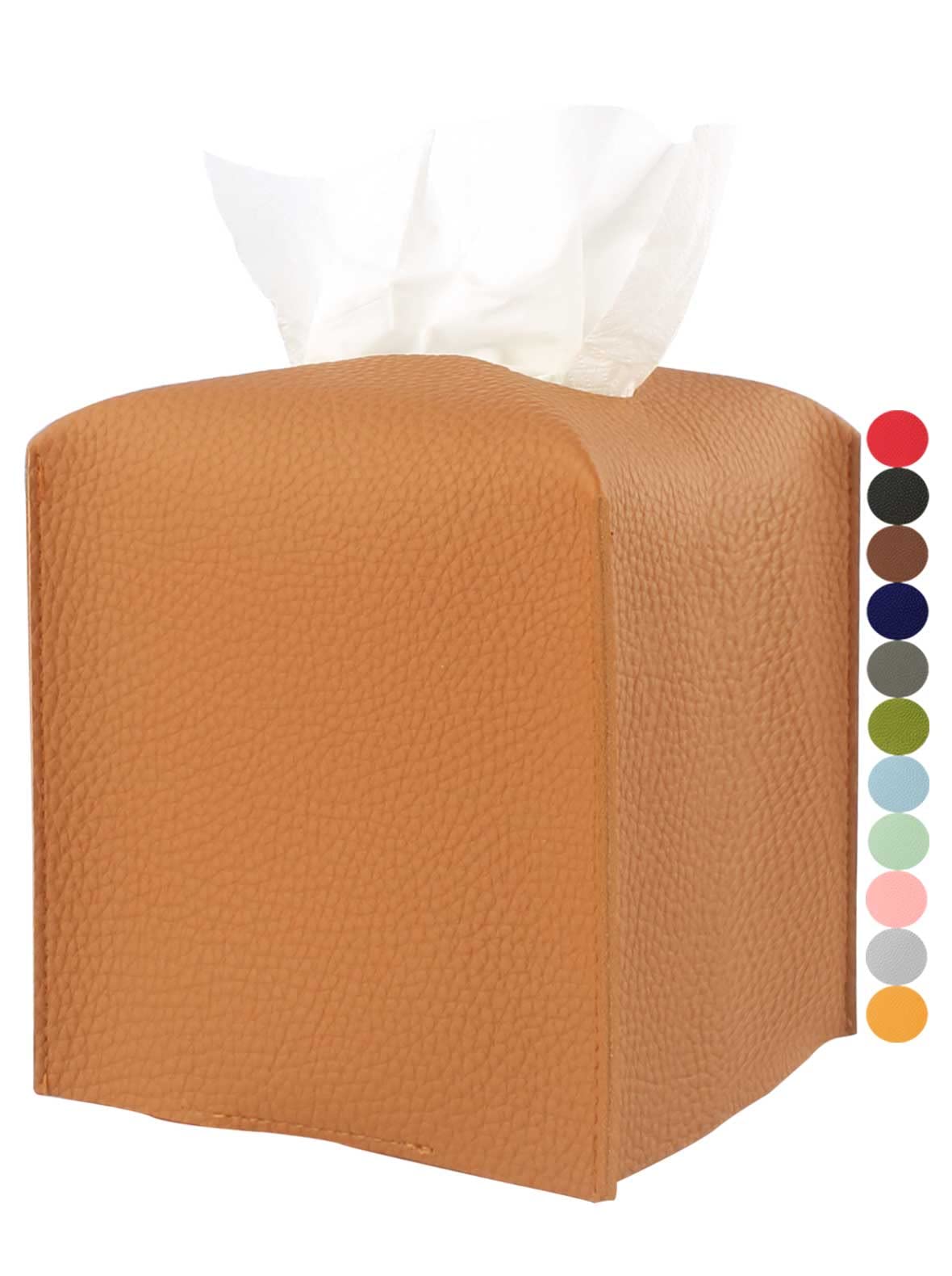 JESMINI Faux Leather Square Tissue Box Cover with Bottom Belt - Camel Brown Tissue Box Holder for Bathroom, Nightstand, Office & Living Room - Decorative Home & Desk Accessory for Tissues