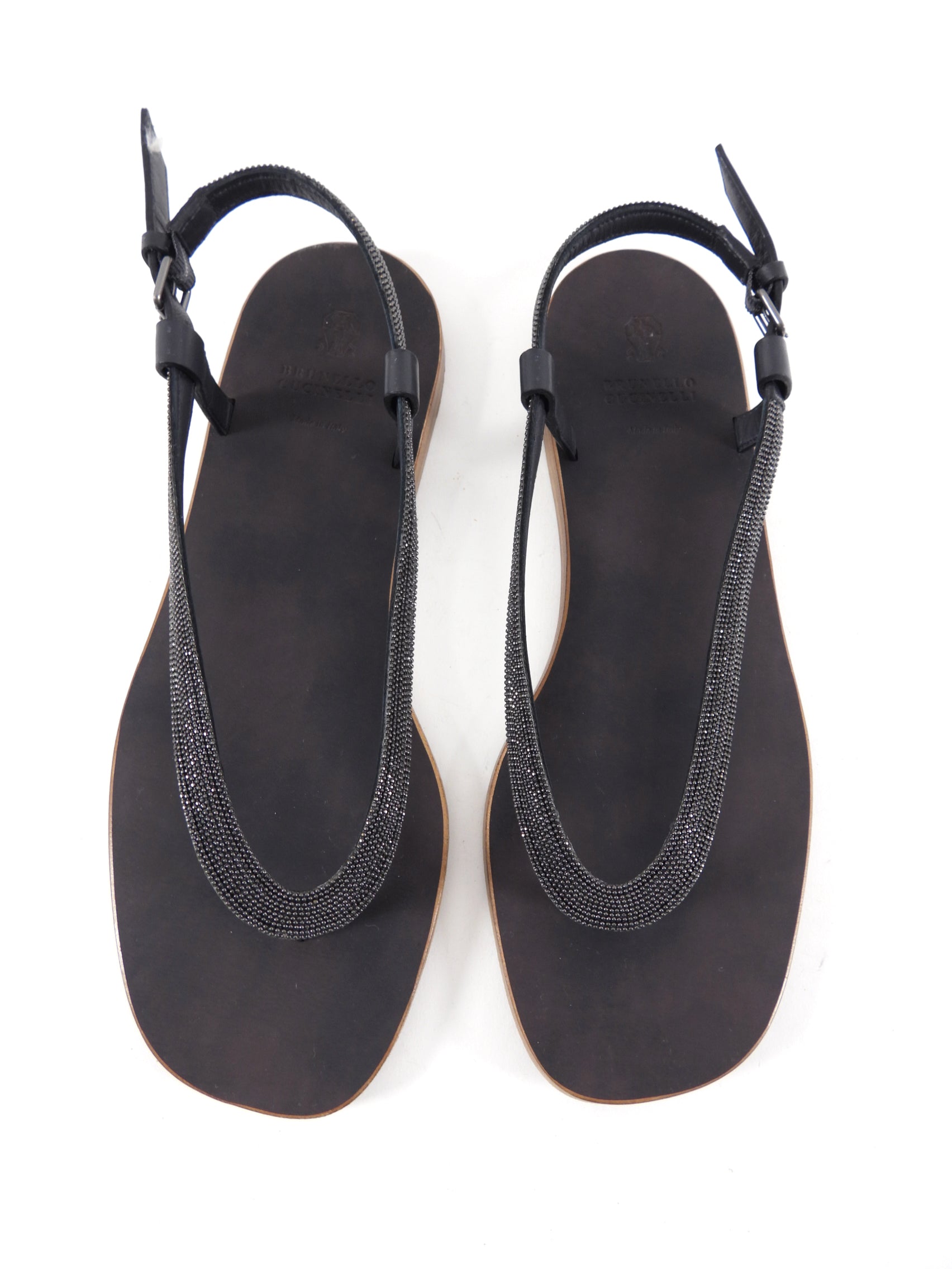 Brunello Cucinelli Dark Grey Monili Flat Sandals Size 38.5 | Women's Luxury Leather Summer Sandals | Perfect for Beach Vacations & Casual Outings