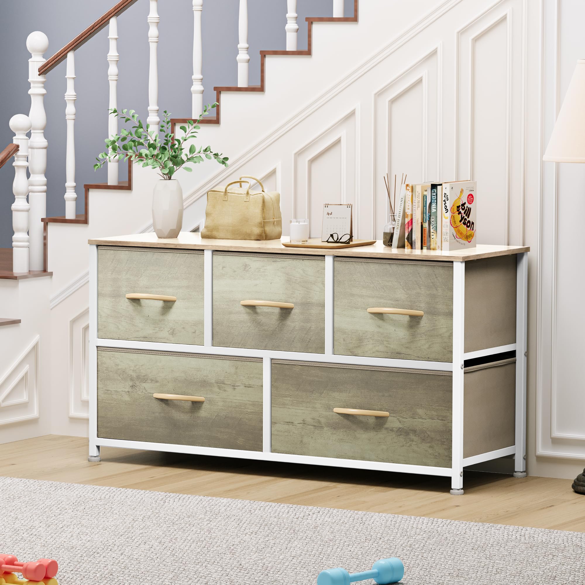 YITAHOME 5-Drawer Wide Chest Dresser - Oak Greige Fabric Storage Tower with Sturdy Steel Frame & Wooden Top - Perfect for Bedroom, Living Room, and Closet Organization