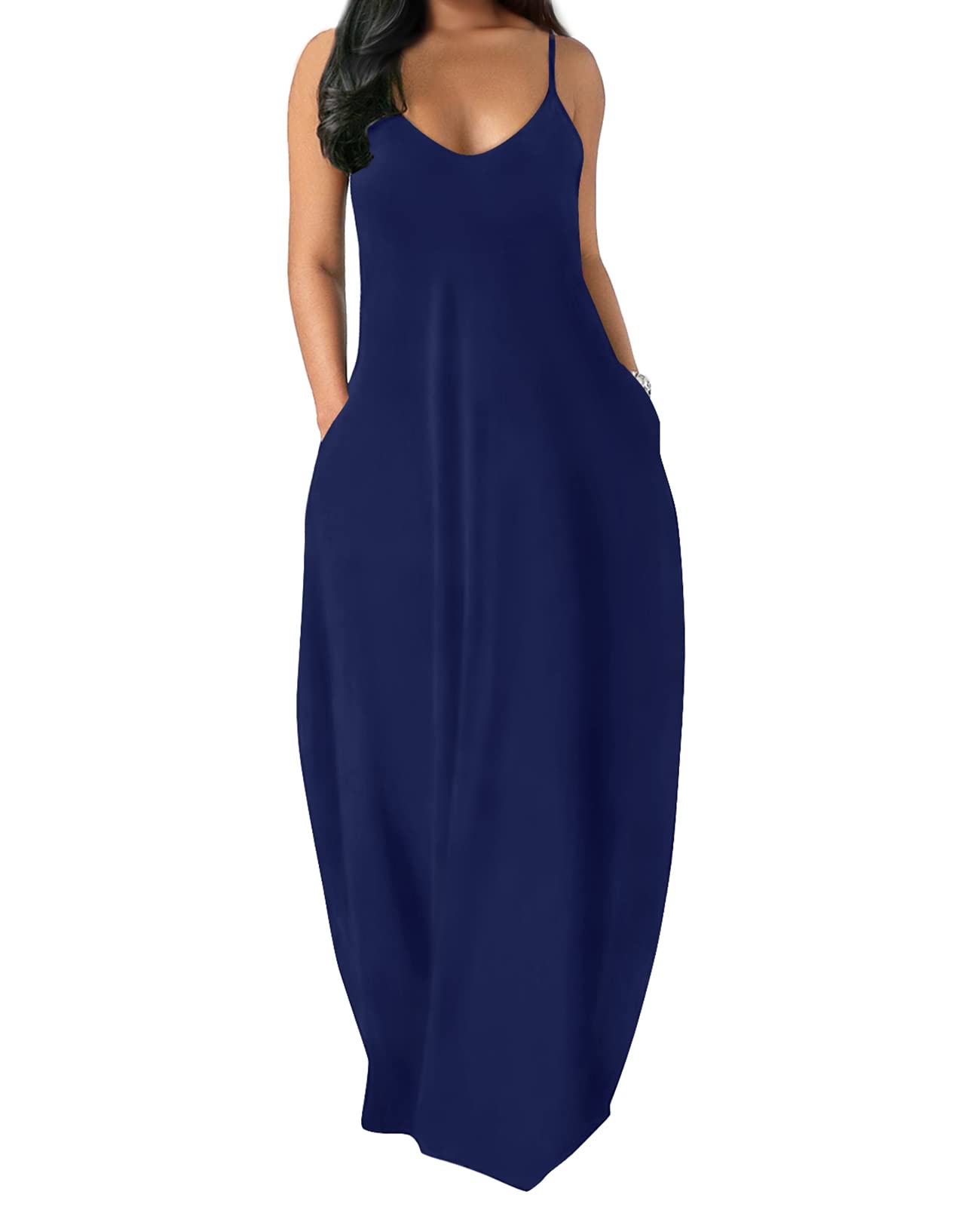OFEEFAN Women's Summer Maxi Dress - Flowy Spaghetti Strap Sundress with Side Pockets | Beach Cover Up, Vacation Outfit, Casual Day Dress