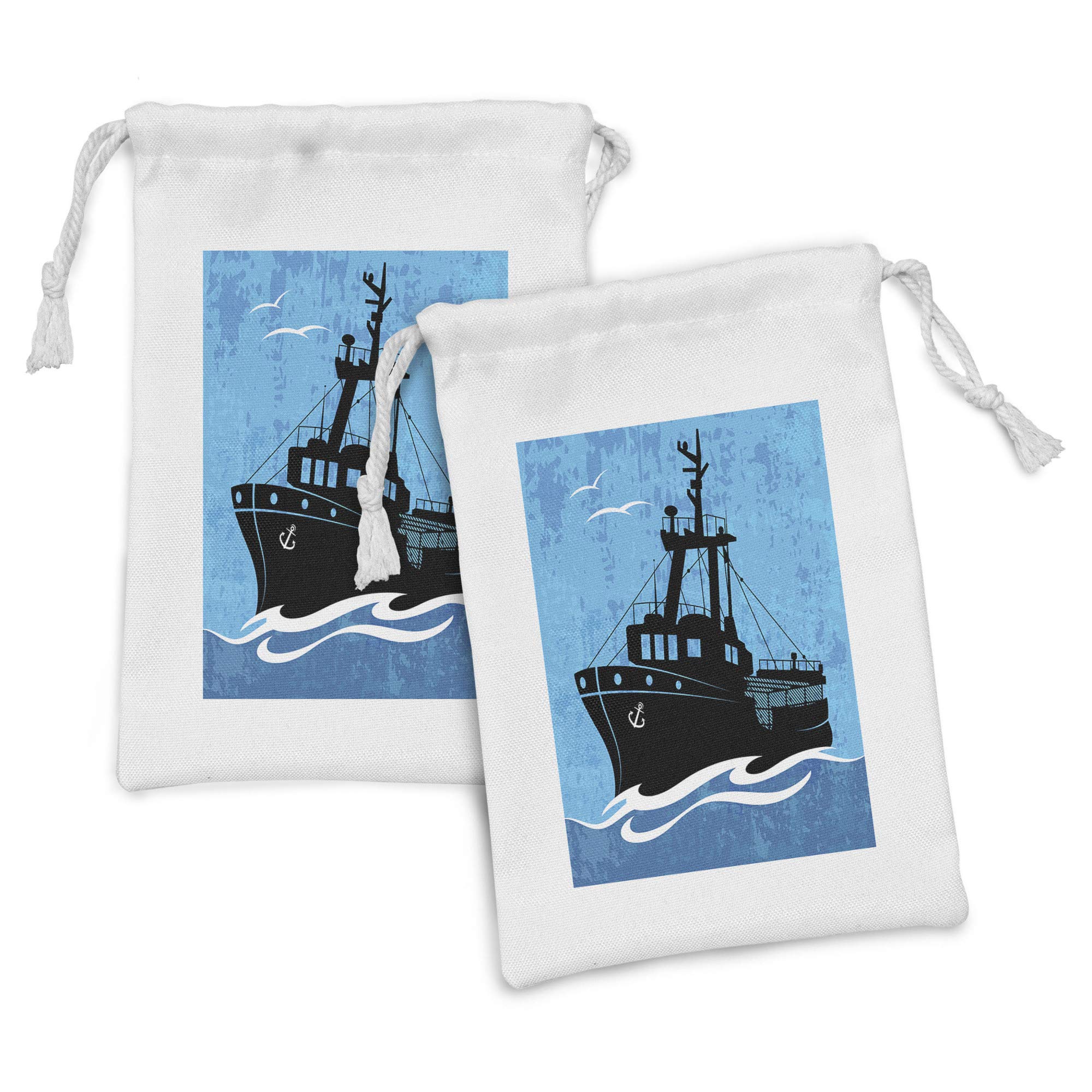 Ambesonne Nautical Blue Fabric Pouch Set of 2 - Fishing Boat on Wavy Sea with Grunge Sky Design - Small Drawstring Bags for Toiletries, Masks, Jewelry & Party Favors (9