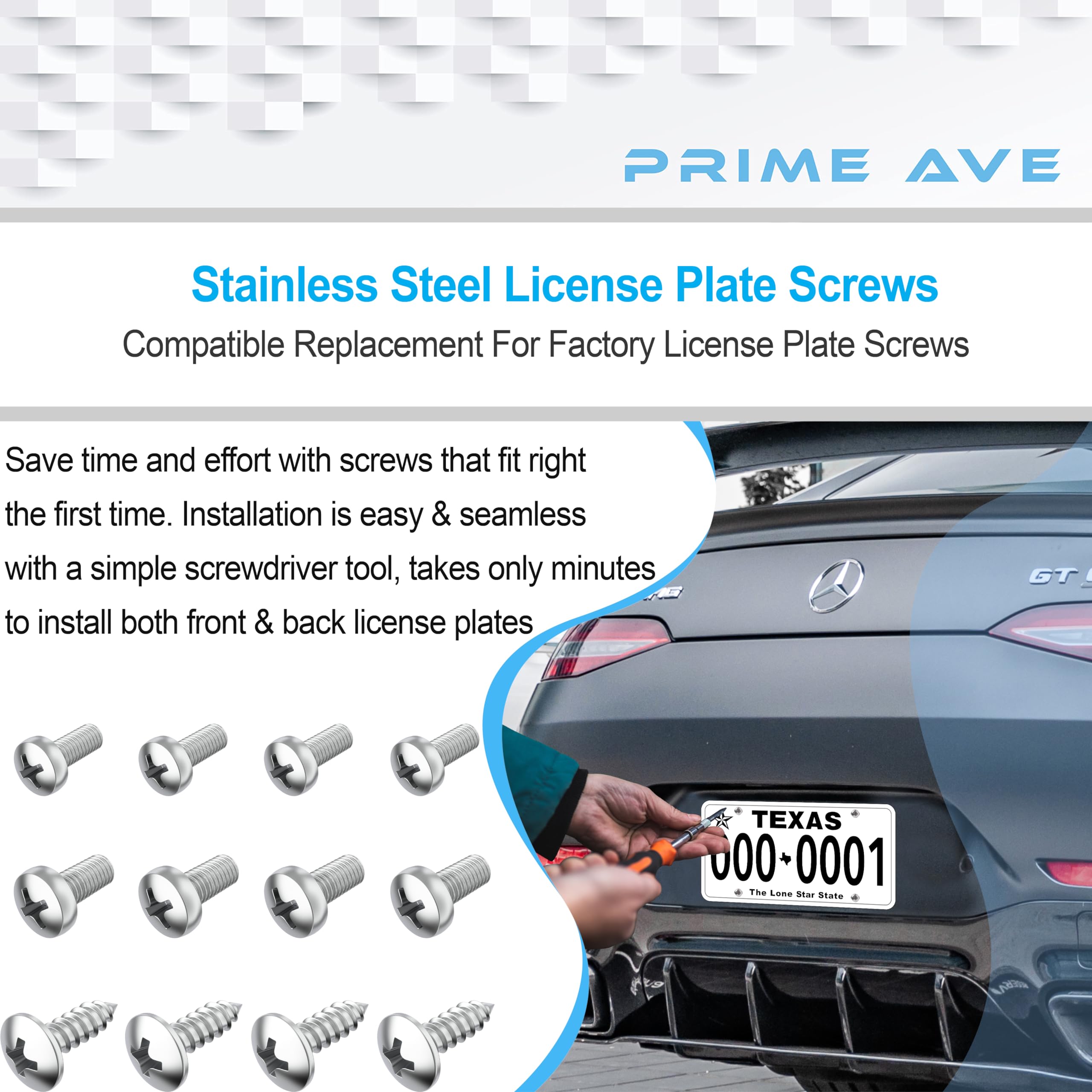 Premium Stainless Steel License Plate Screws - Rust Proof, Corrosion Resistant - Fits Mercedes Benz & Most Vehicles - Secure Front/Rear Plates, Frames & Covers (12 Pack) - Perfect for Car Registration, Vehicle Customization & Road Safety Compliance