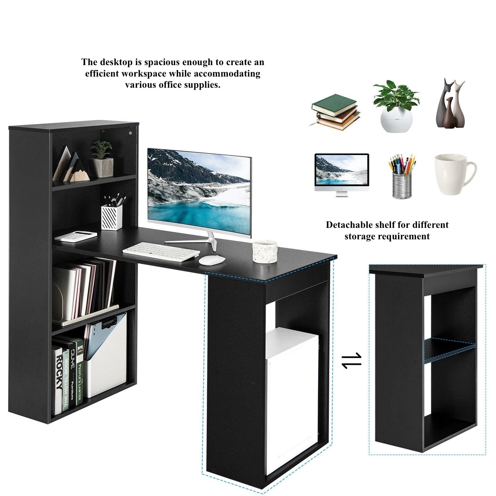 Authentic Black Home Office Computer Desk with Bookcase - 2-in-1 Design, 4-Tier Storage Shelf, Large Workstation for Laptop & PC (48x20x48 Inches) - Perfect for Study, Writing & Reading in Small Spaces