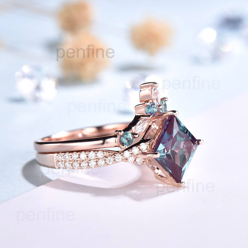 Infinity Princess Alexandrite Bridal Ring Set - 2 Piece Curved Moissanite Wedding Band for Engagement & Anniversary Gifts | Perfect for Bridal Jewelry & Special Occasions