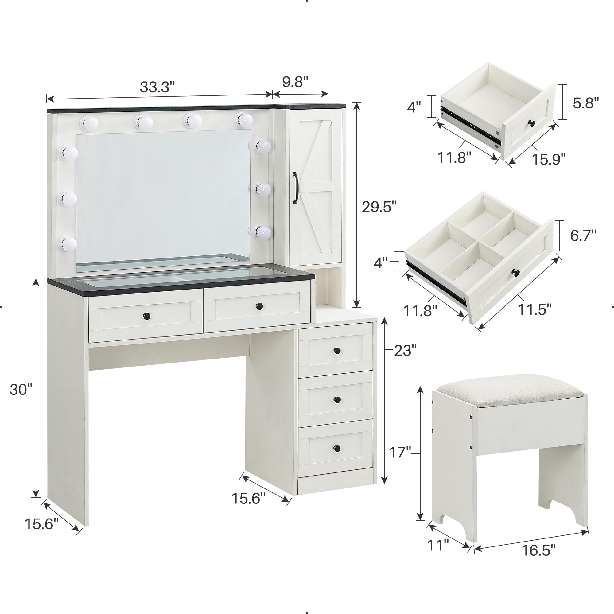 Farmhouse Vanity Makeup Desk with Charging Station & LED Mirror - 43