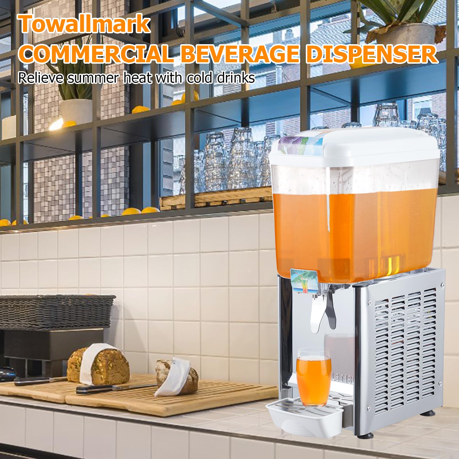 Towallmark 4.75 Gallon (18L) Commercial Beverage Dispenser - Stainless Steel Iced Tea & Juice Dispenser with Thermostat Control, 180W Power, Food-Grade Construction - Perfect for Restaurants, Cafes, and Catering Events