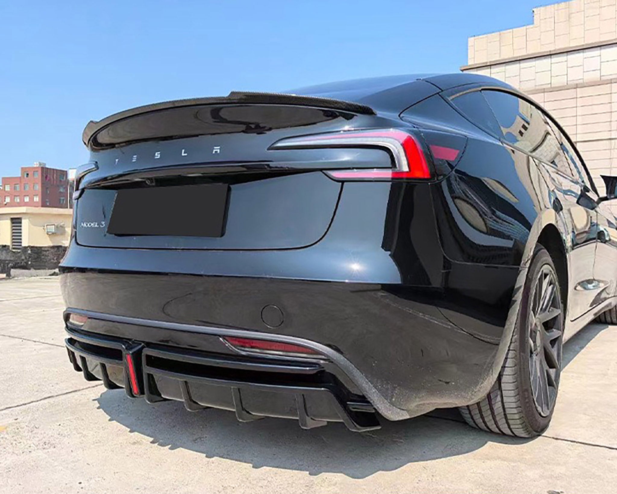 Tesla Model 3 Highland Rear Bumper Diffuser with LED Brake Light (2024+) - Carbon Fiber Style for Enhanced Aerodynamics & Sporty Look - Perfect for Tesla Model 3 Performance Upgrades & Customization