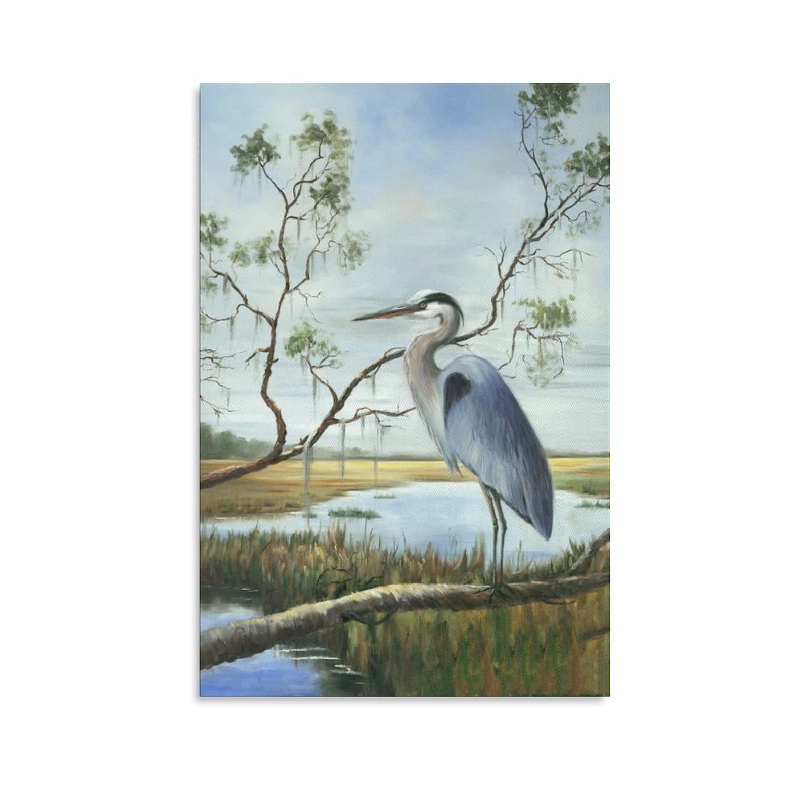 Stunning Marsh Heron Landscape Canvas Art Print - 16x24 Inches (40x60cm) - Hand-Painted Nature Wildlife Wall Decor for Living Room, Bedroom & Office - Perfect Gift for Home Decor & Nature Lovers - Ideal for Modern, Farmhouse or Coastal Interior Design Styles