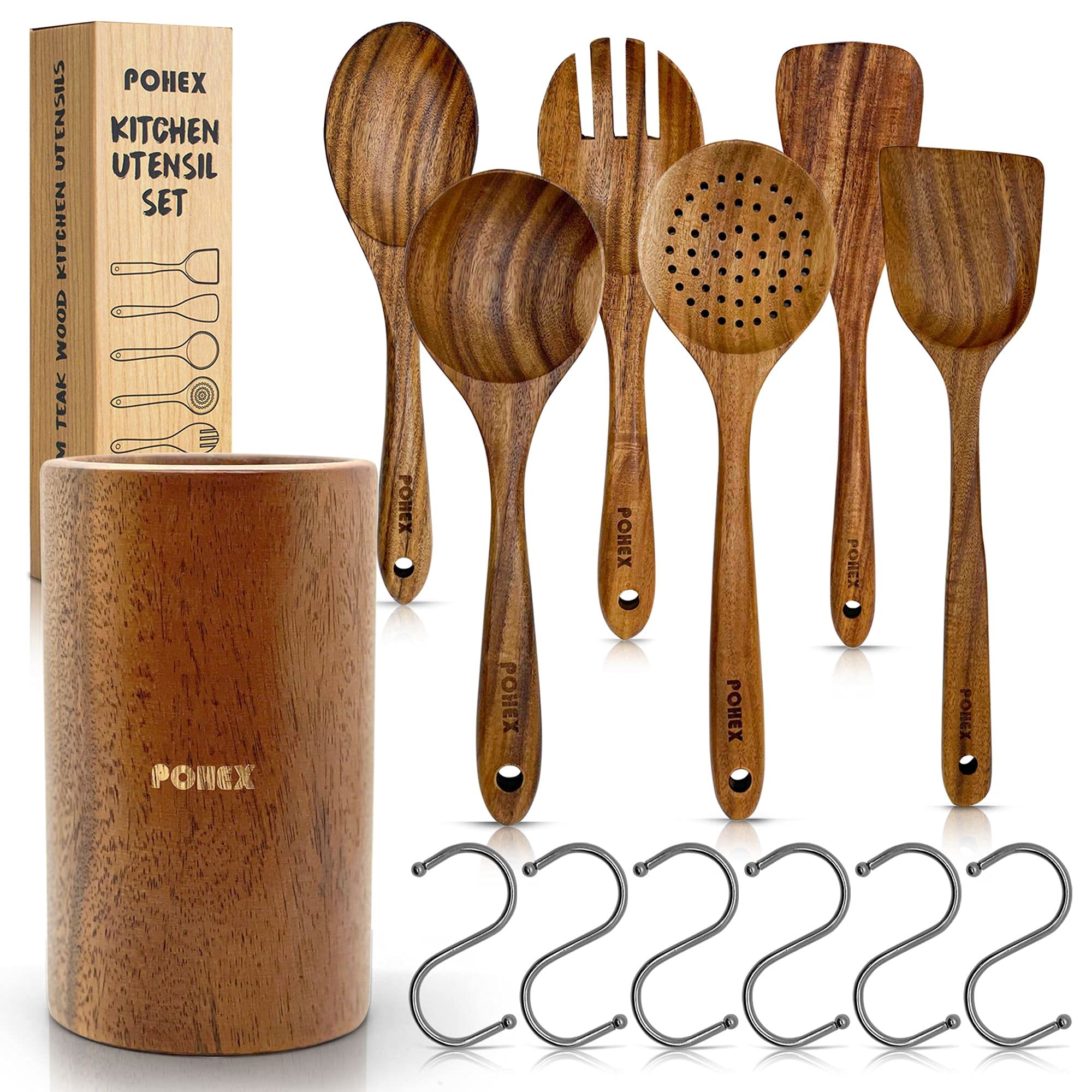 Premium 12-Piece Teak Wood Kitchen Utensil Set with Wooden Holder - Includes Spatula, Spurtle, Slotted Spoon, Salad Fork & More - Handmade BPA-Free Cookware for Baking, Cooking & Serving - Perfect Gift for Home Chefs