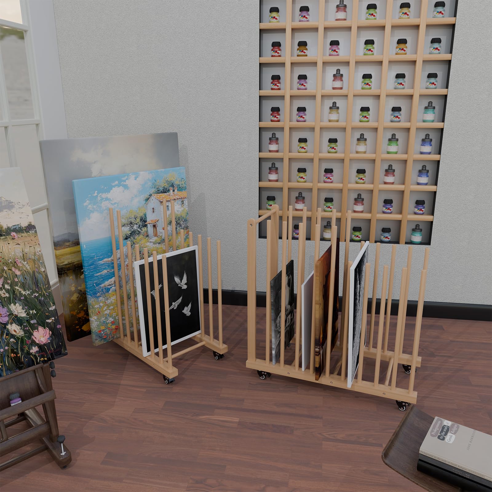 Wooden Art Storage Rack with Handles & Caster Wheels - Canvas Drying Stand for Art Studios, Drawing Boards, Printed Materials & Gallery Artwork Display - Perfect for Artists, Painters & Creative Workspaces
