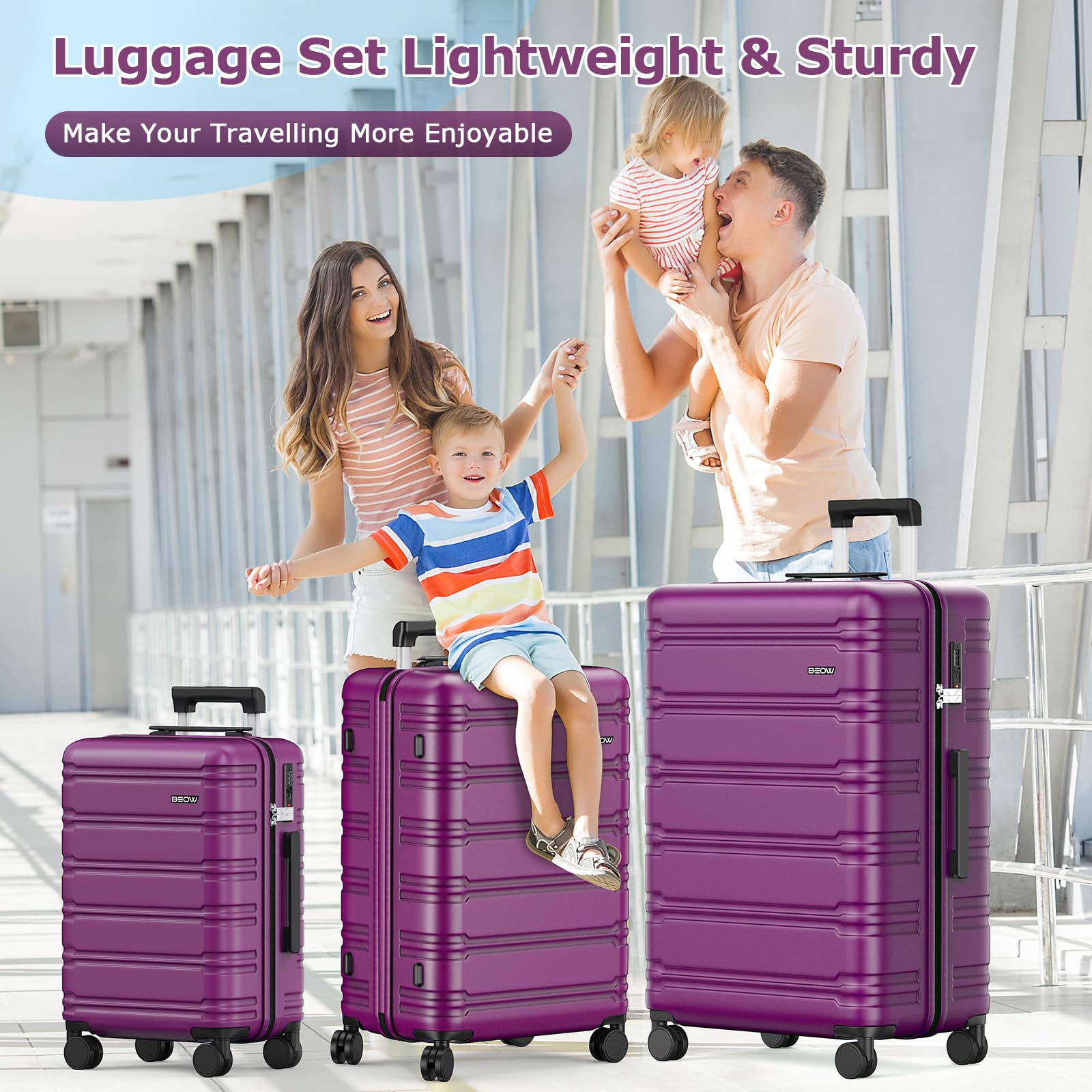 BEOW 3-Piece Expandable Hardside Luggage Set with Spinner Wheels & TSA Lock - 20/24/28 Inch Lightweight Polycarbonate Suitcases for Women (Purple) - Perfect for Air Travel, Business Trips & Vacation Getaways