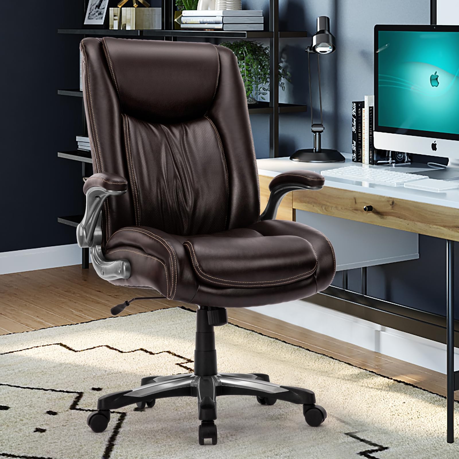 COLAMY Big and Tall Office Chair 400lbs - Heavy Duty High Back Executive Desk Chair with Flip-Up Arms & Wide Seat - Ergonomic Computer Chair for Home Office (Brown) - Perfect for Long Work Hours & Large Individuals