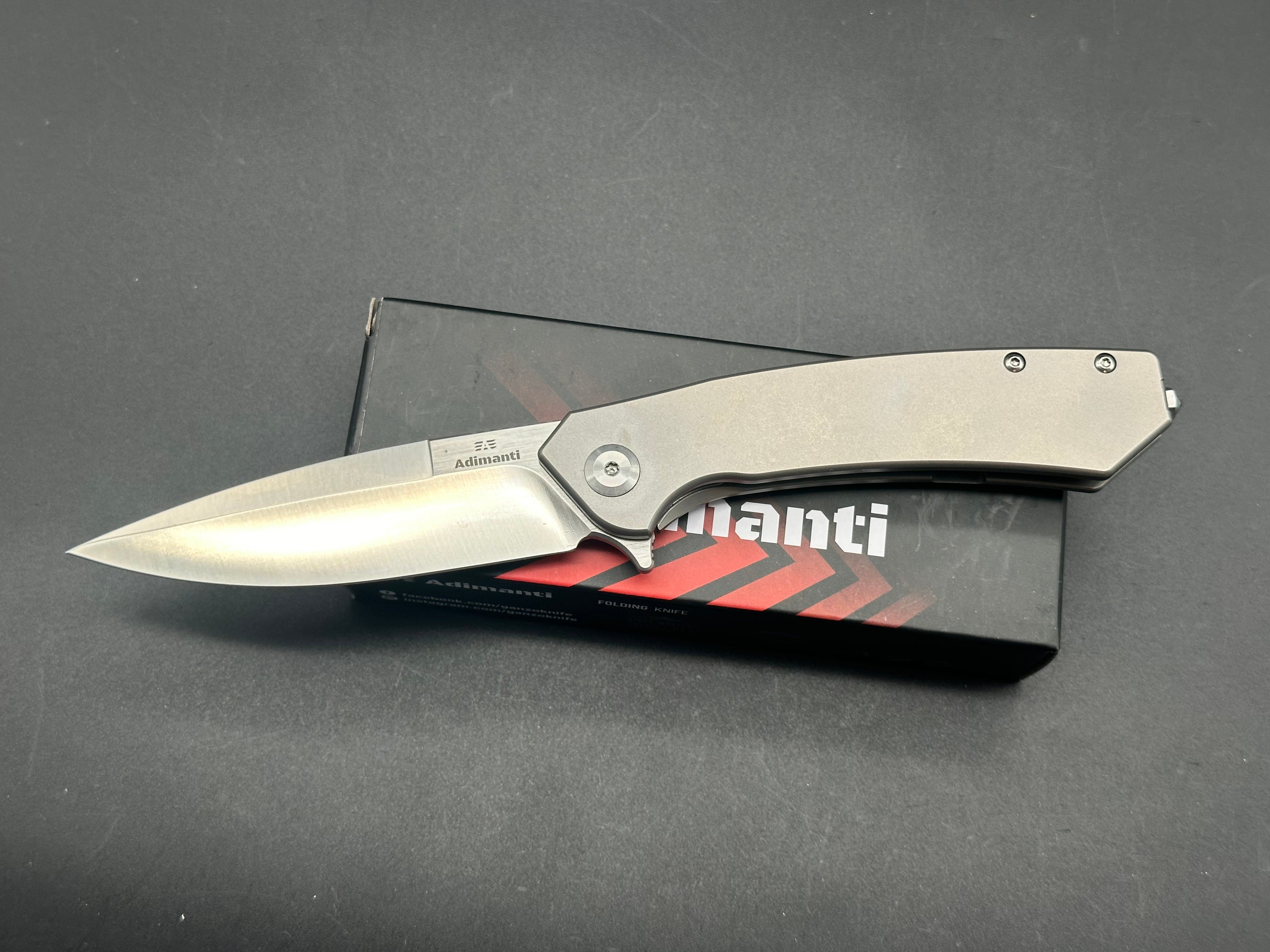 GANZO ADIMANTI SKIMEN TI Folding Knife - Gray Titanium Handle, S35VN Steel, Drop Point Plain Edge - EDC, Outdoor, Camping, Hunting Gear