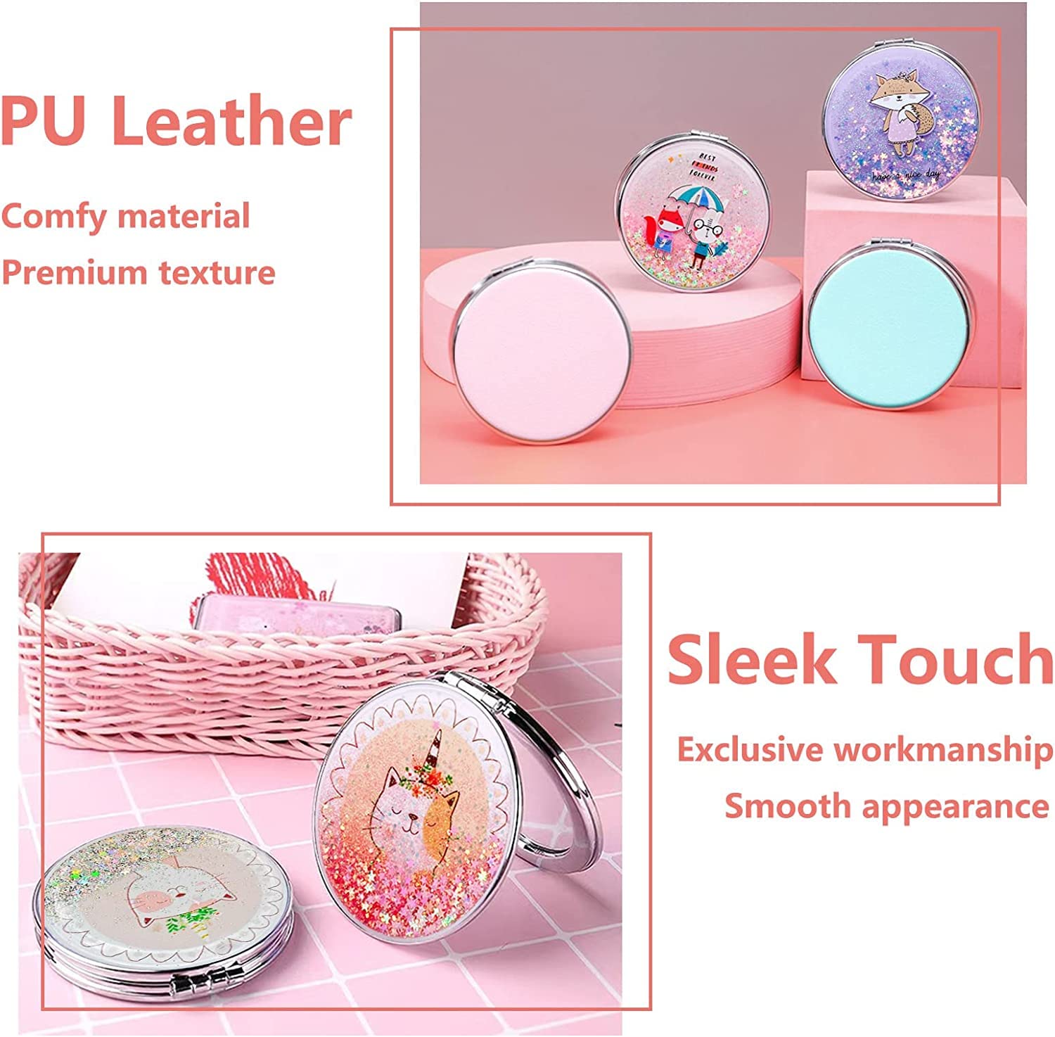 MEPOINT 2-Piece Compact Mirror Set - Round & Rectangle Folding Pocket Makeup Mirror with 1x/2x Magnification for Women | Perfect for Purse, Travel, and On-the-Go Touch Ups