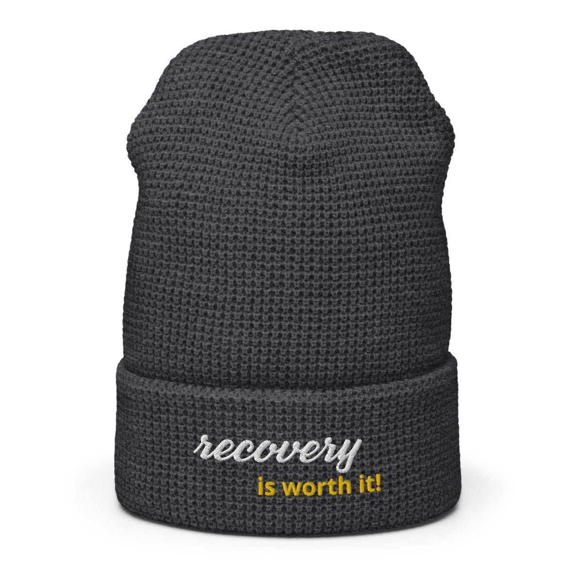 Recovery Is Worth It Embroidered Waffle Beanie - Soft Winter Knit Hat for Men & Women - Perfect for Cold Weather, Outdoor Activities & Addiction Recovery Support