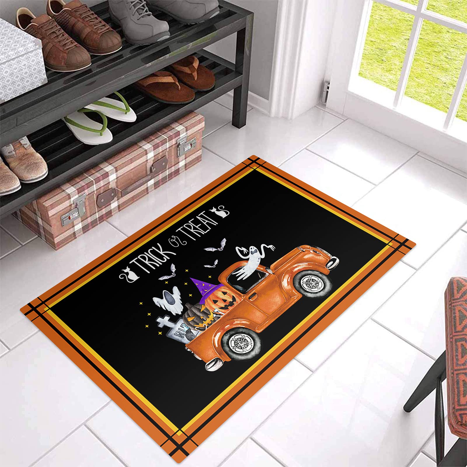 Possta Decor Horror Pumpkin Truck Ghost Bat Halloween Doormat - Non-Slip Water Absorbent Front Door Mat with Orange Edge for Indoor Use, Perfect for Halloween Decor in Living Room, Bedroom, Bathroom & Entryway