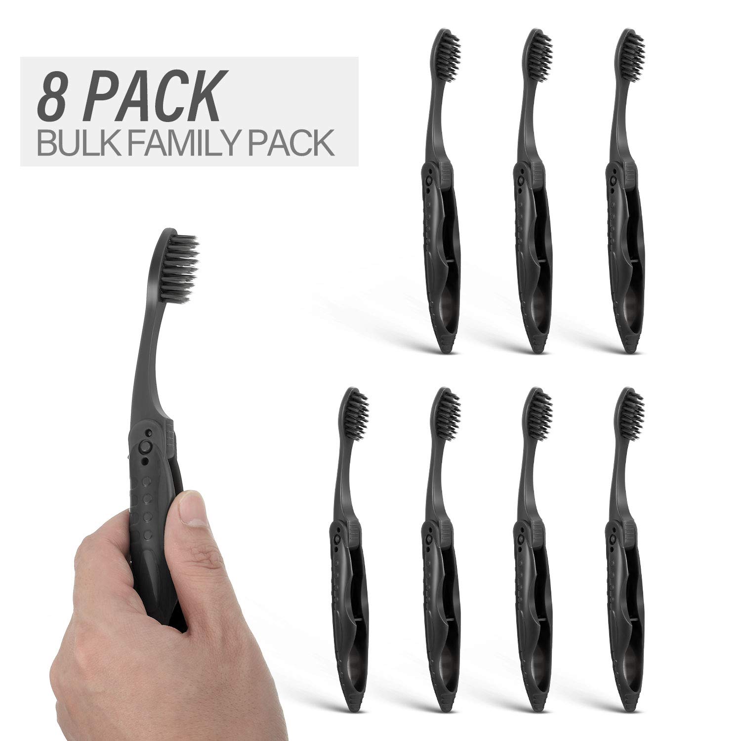 Boao 8-Pack Travel Toothbrushes - Individually Wrapped Black Folding Toothbrush for Travel, Camping & Hiking | Portable Charcoal Toothbrush with Soft/Medium Bristles | Perfect for Business Trips, Gym Bags & Emergency Kits