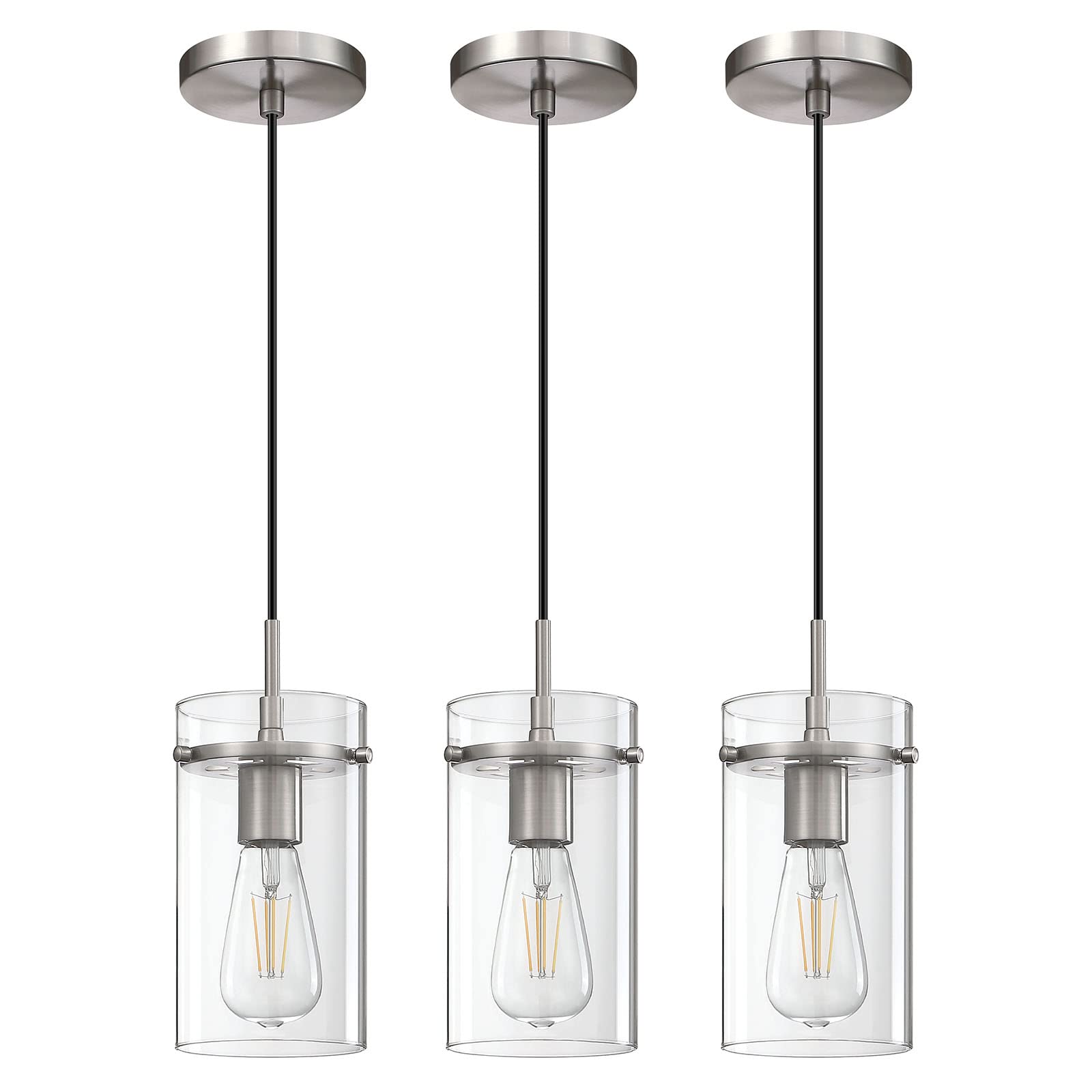 Vintage Clear Glass Pendant Light - 3 Pack with Brushed Nickel Finish, Modern Hanging Ceiling Light for Kitchen Island, Dining Room & Restaurant | Perfect for Farmhouse, Industrial & Contemporary Decor