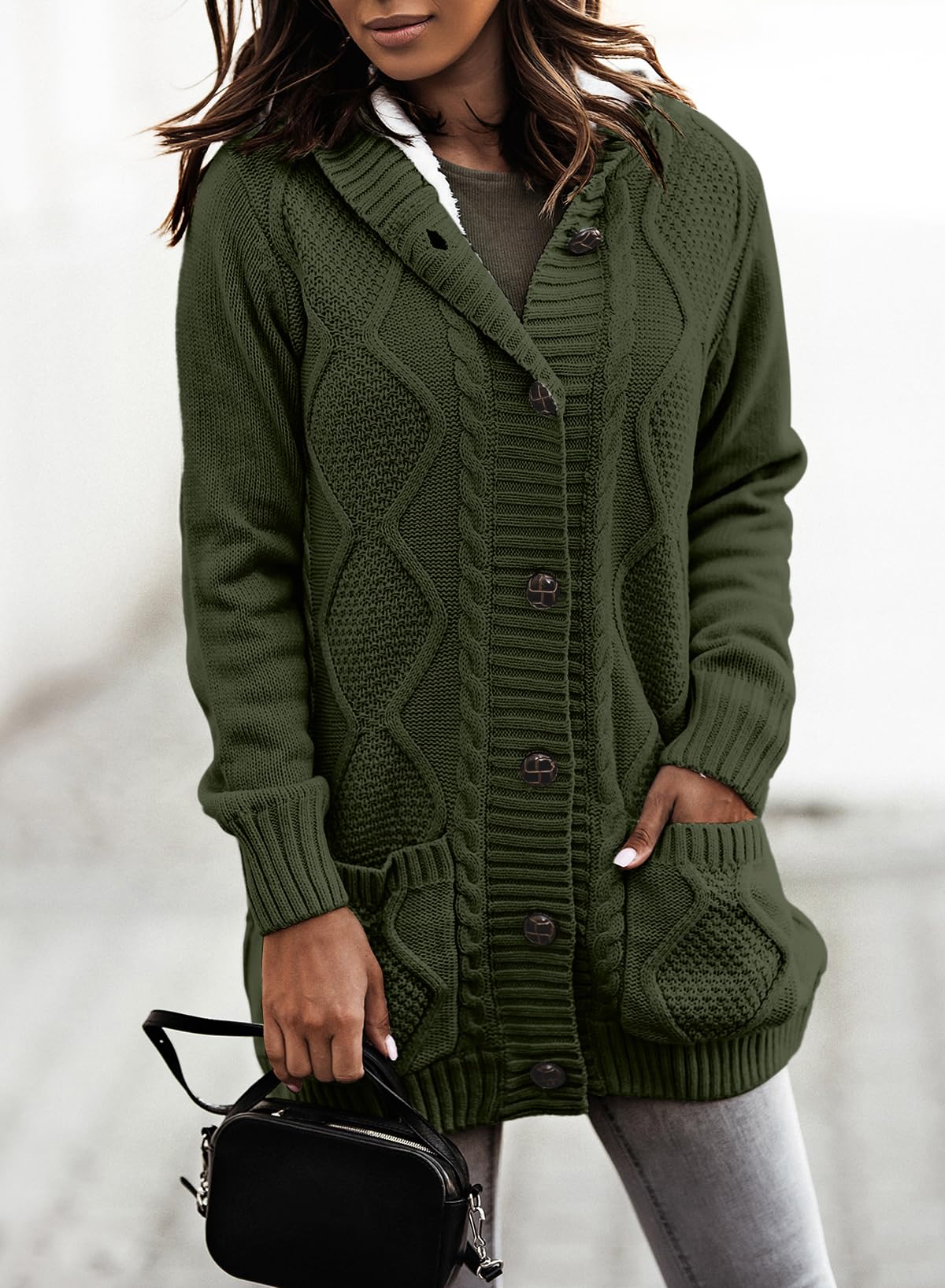 Sidefeel Women's Fleece-Lined Hooded Cardigan Sweater - Winter Button Down Jacket with Pockets | Cozy Outerwear for Casual Wear & Cold Weather