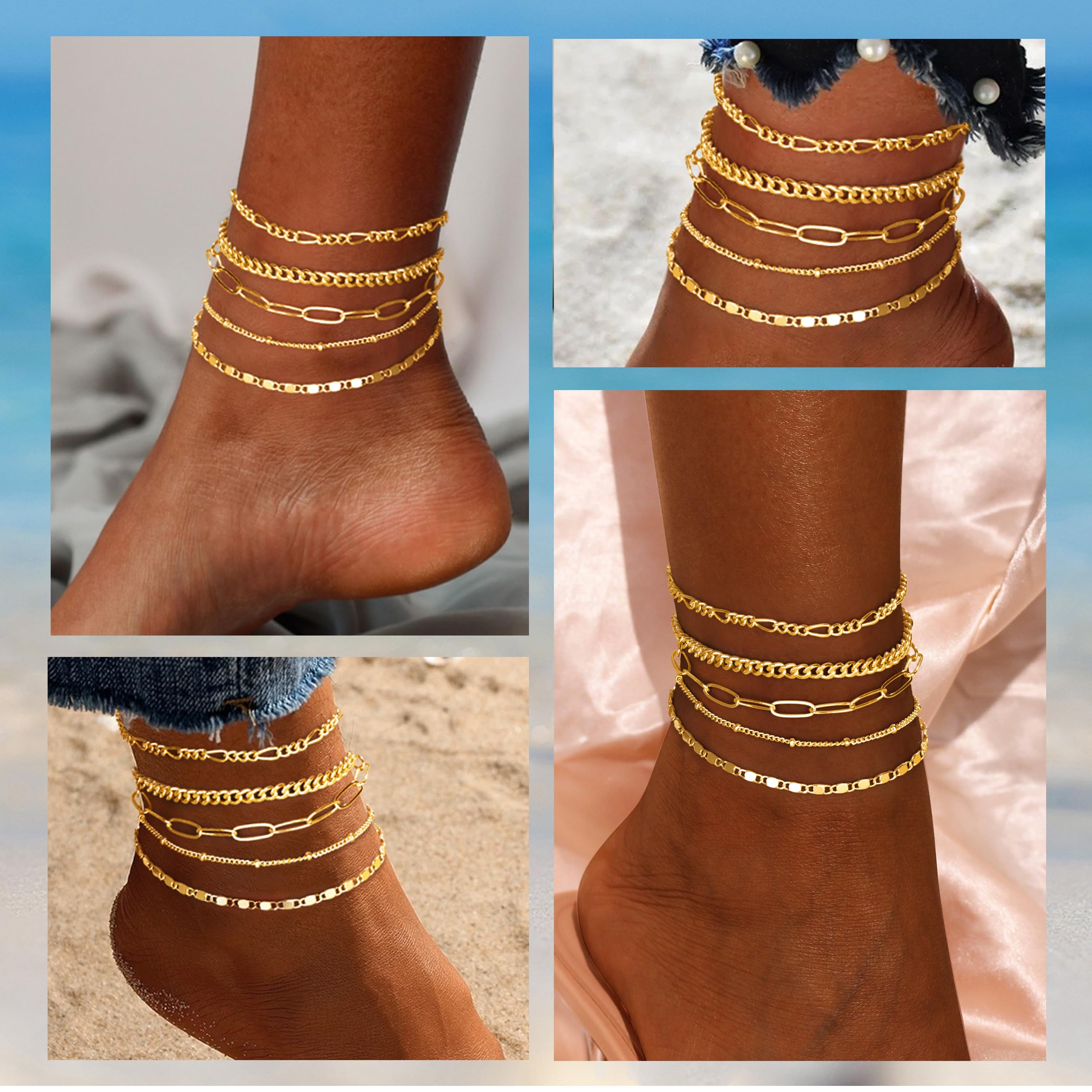 14K Gold Ankle Bracelets for Women - Waterproof Adjustable Cuban Figaro Link Chain Anklet Set, Elegant Layered Jewelry Gift for Her | Perfect for Beach, Parties, and Everyday Wear