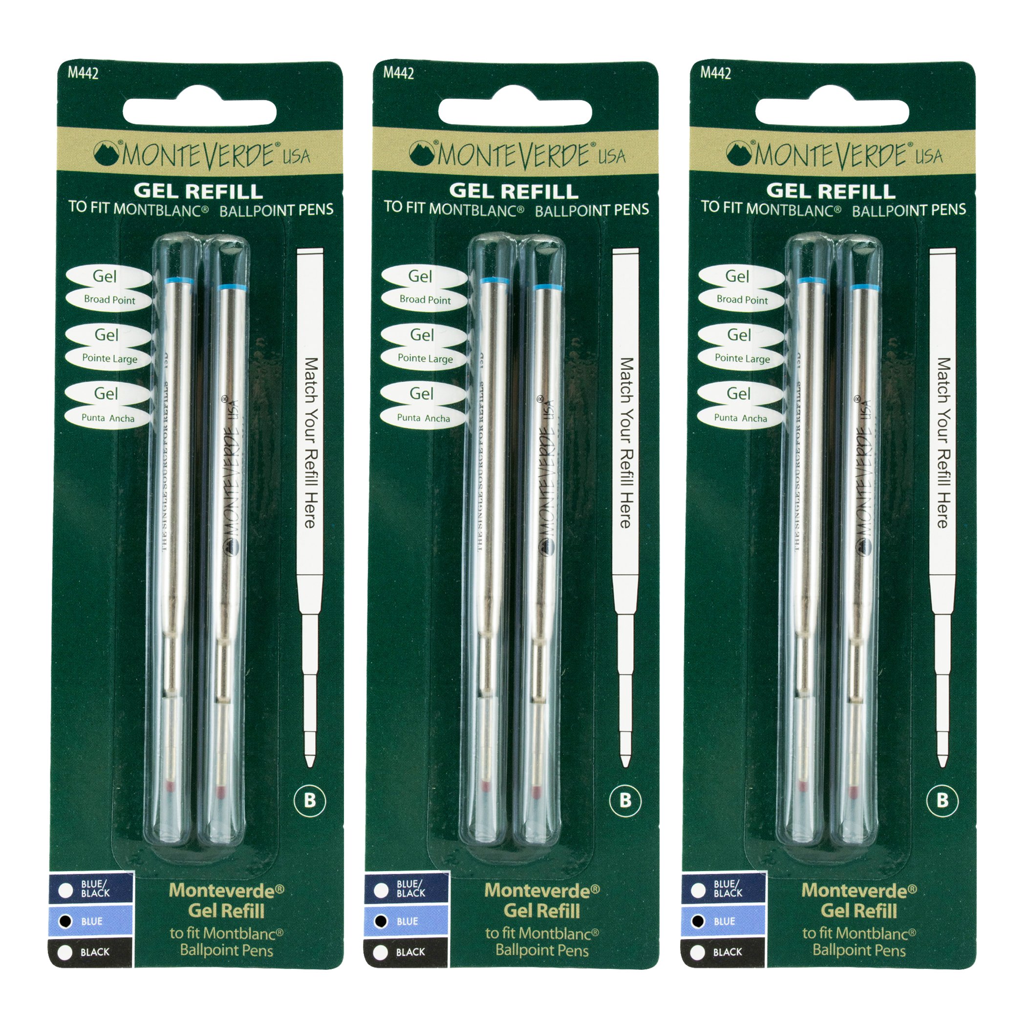 Monteverde Broad Gel Ballpoint Refill for Montblanc Pens - 6 Pack Blue Ink (M443BU) - Smooth Writing for Signatures, Notes & Professional Documents