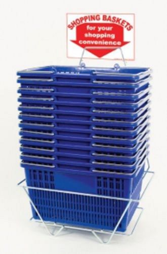 12-Piece Plastic Shopping Basket Set with Metal Handles - Includes Sign and Stand for Retail Stores, Supermarkets & Farmers Markets