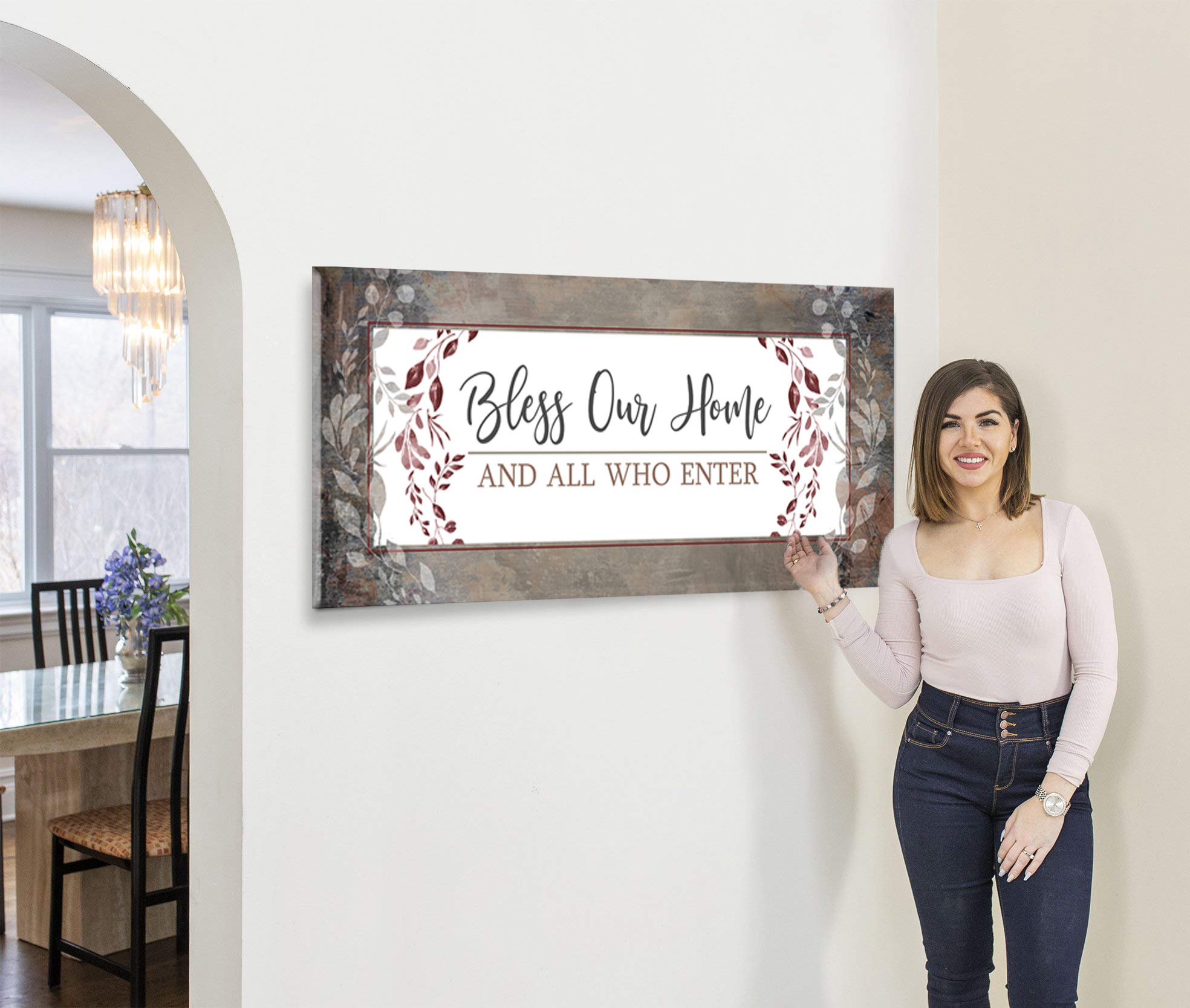 Bless Our Home Sign - Large Canvas Wall Art for Front Door & Entryway Decor (60x27, Brown) | Perfect Housewarming Gift & Living Room Wall Decor for Cozy Home Ambiance