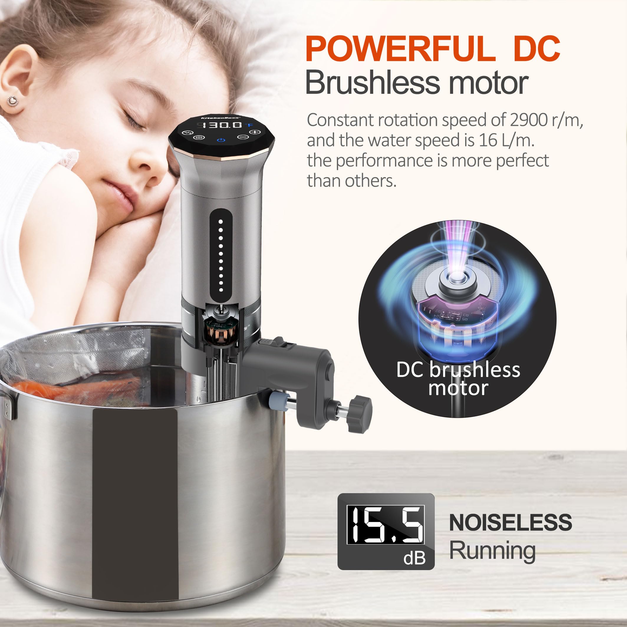 KitchenBoss Sous Vide Precision Cooker - 1100W Ultra-Quiet Immersion Circulator with IPX7 Waterproof, Digital Temperature Control & LED Display for Perfect Steak, Chicken, Fish - Ideal for Home Chefs & Professional Kitchens