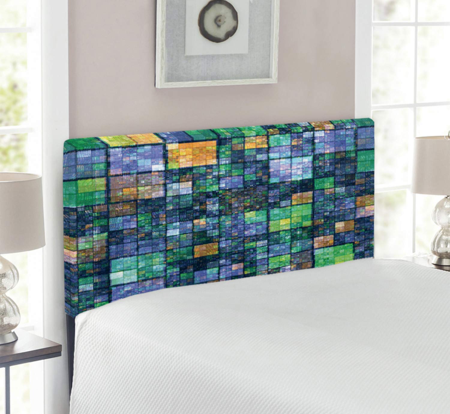Ambesonne Modern Headboard with Memory Foam - Twin Size Mosaic Geometric Rainbow Patchwork Design in Blue, Yellow & Green | Upholstered Decorative Metal Bed Frame Headboard for Bedroom Decor | Perfect for Guest Rooms, Kids Rooms & Contemporary Home Interiors
