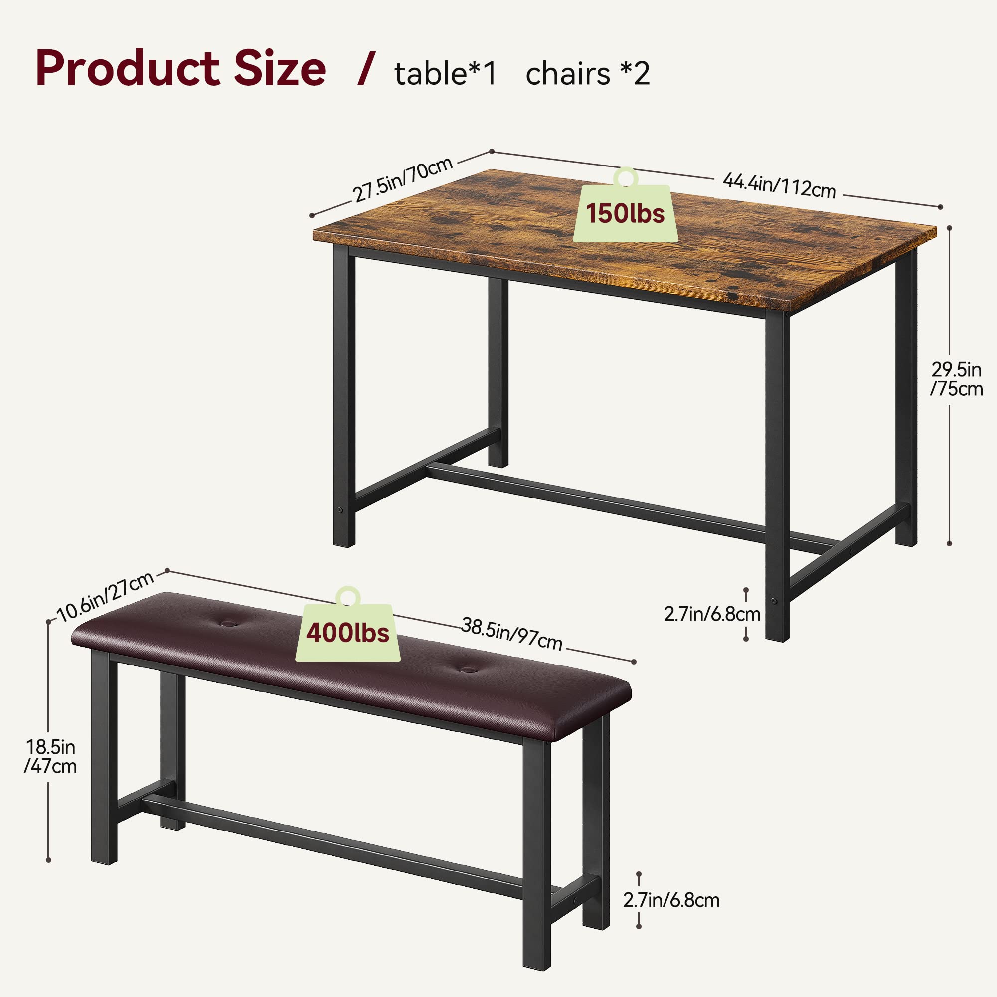 Alkmaar Retro Brown Kitchen Table Set with 2 Upholstered Benches for 4, Metal and Wood Rectangular Dining Table for Small Spaces, Apartments, Perfect for Cozy Breakfasts and Intimate Dinners