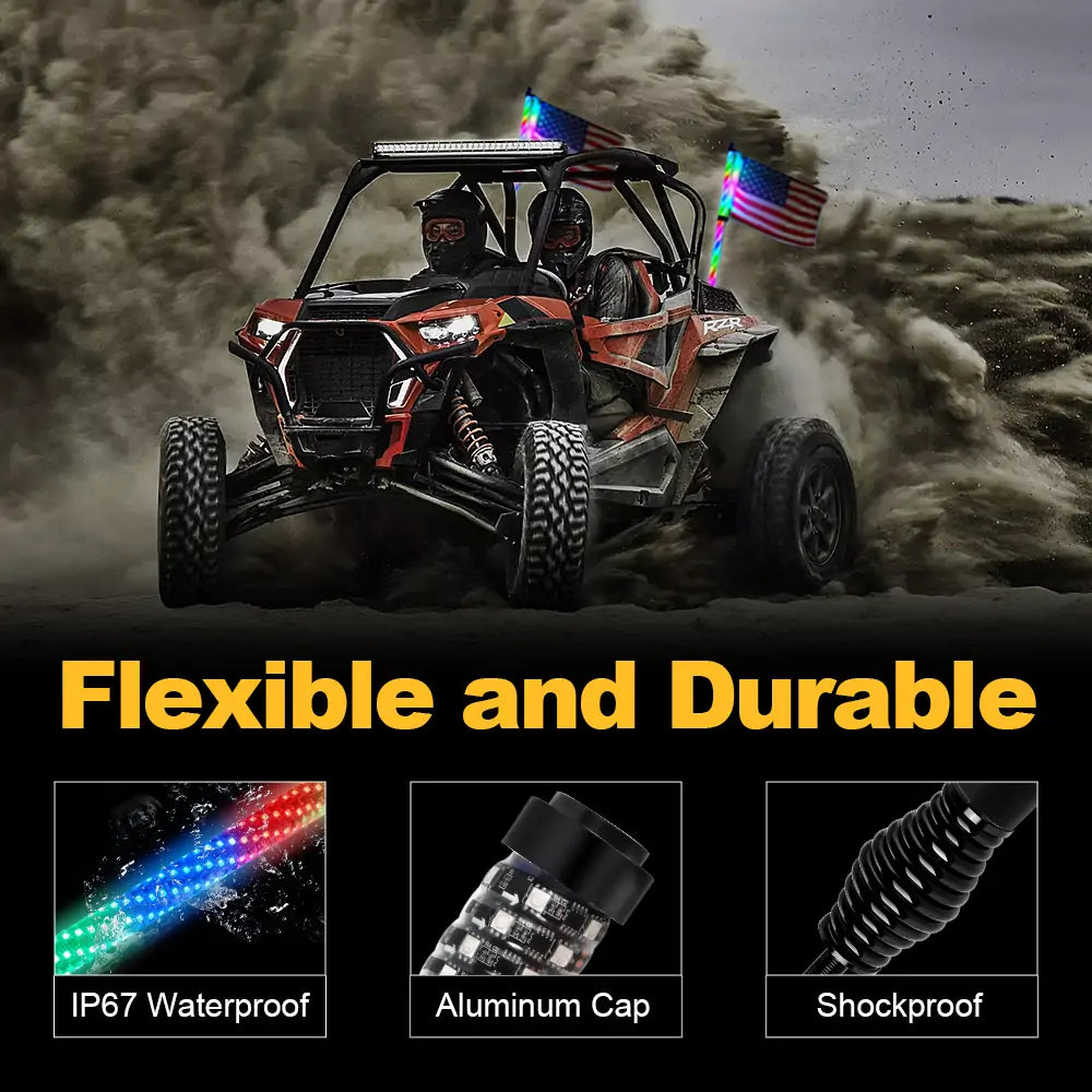 LOYO Spiral RGB Chasing Fat Whip Lights with Flags - Bluetooth APP & Remote Control for Cars, Trucks, Motorcycles | Perfect for Night Rides, Car Shows & Outdoor Parties