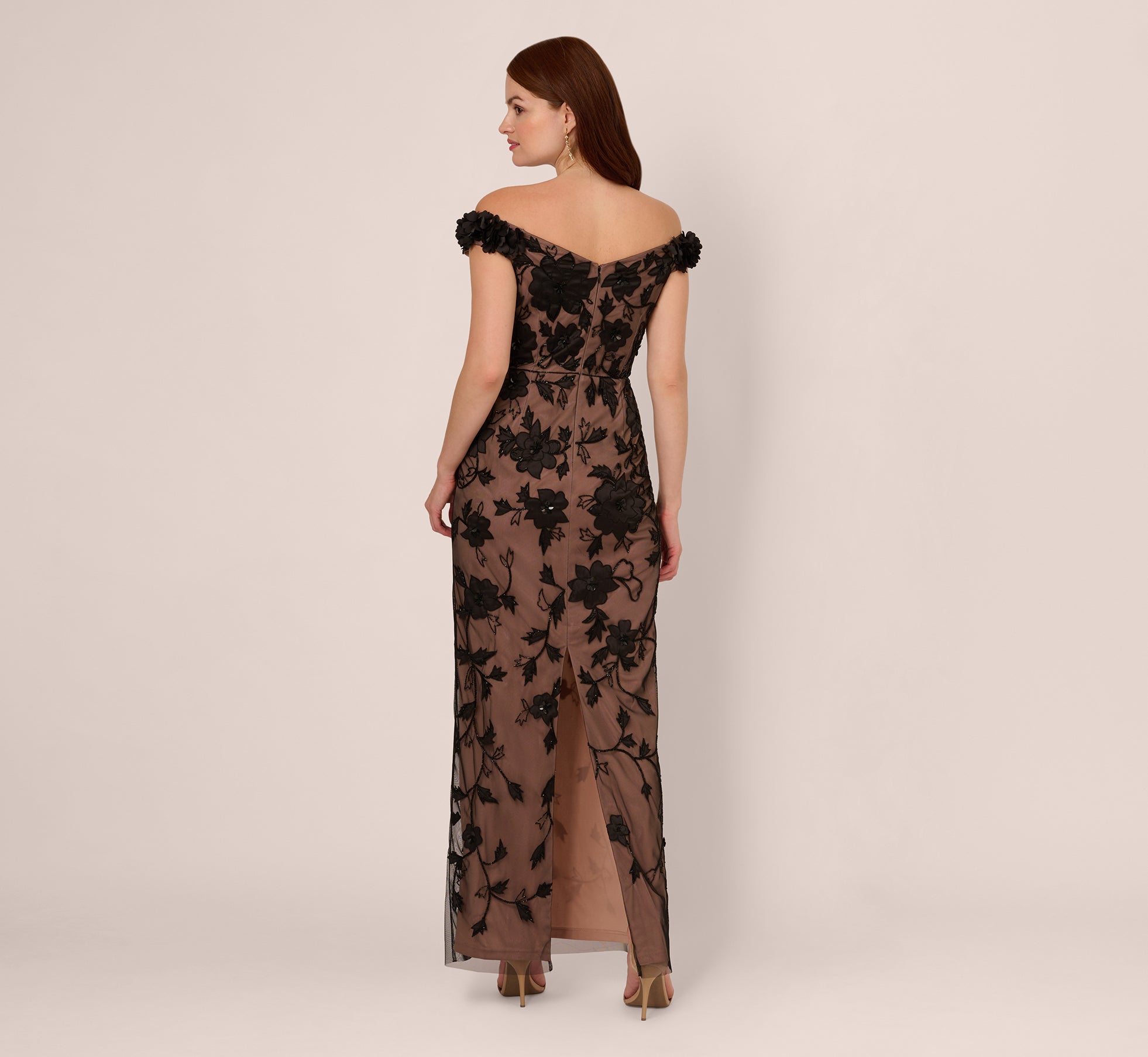 Elegant Off-The-Shoulder Beaded Column Gown with Rosette Accents in Black & Rose Gold | Formal Evening Dress for Prom, Wedding & Special Occasions