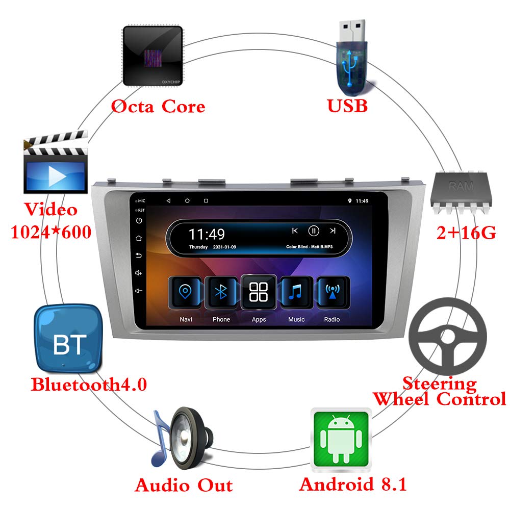 9-inch Android 8.1 Car Stereo for 2008-2011 Toyota Camry | HD Touchscreen GPS Navigation | Bluetooth & USB Player | 2G DDR3 RAM | Perfect for Commuting & Road Trips