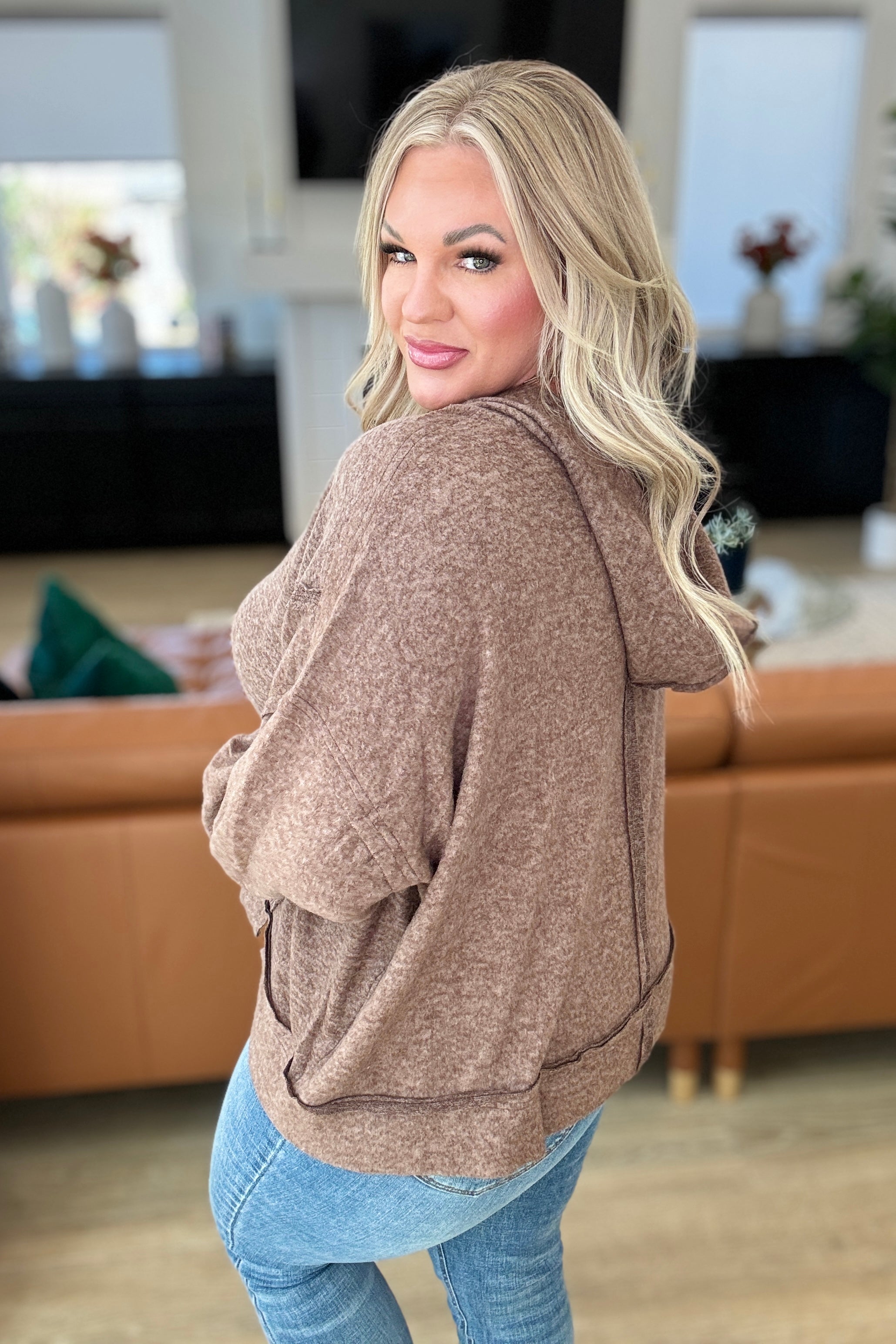 Brown Hooded Scoop Neck Pullover Sweatshirt for Women | Casual Loungewear & Fall Layering Essential