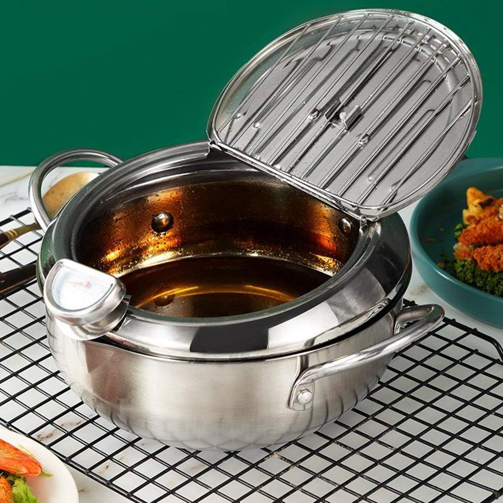Premium Stainless Steel Deep Fryer Pot with Drainer & Thermometer - 20cm Tempura Fry Pan for Home & Restaurant Use - Perfect for Frying Chicken, Fish, Donuts & More