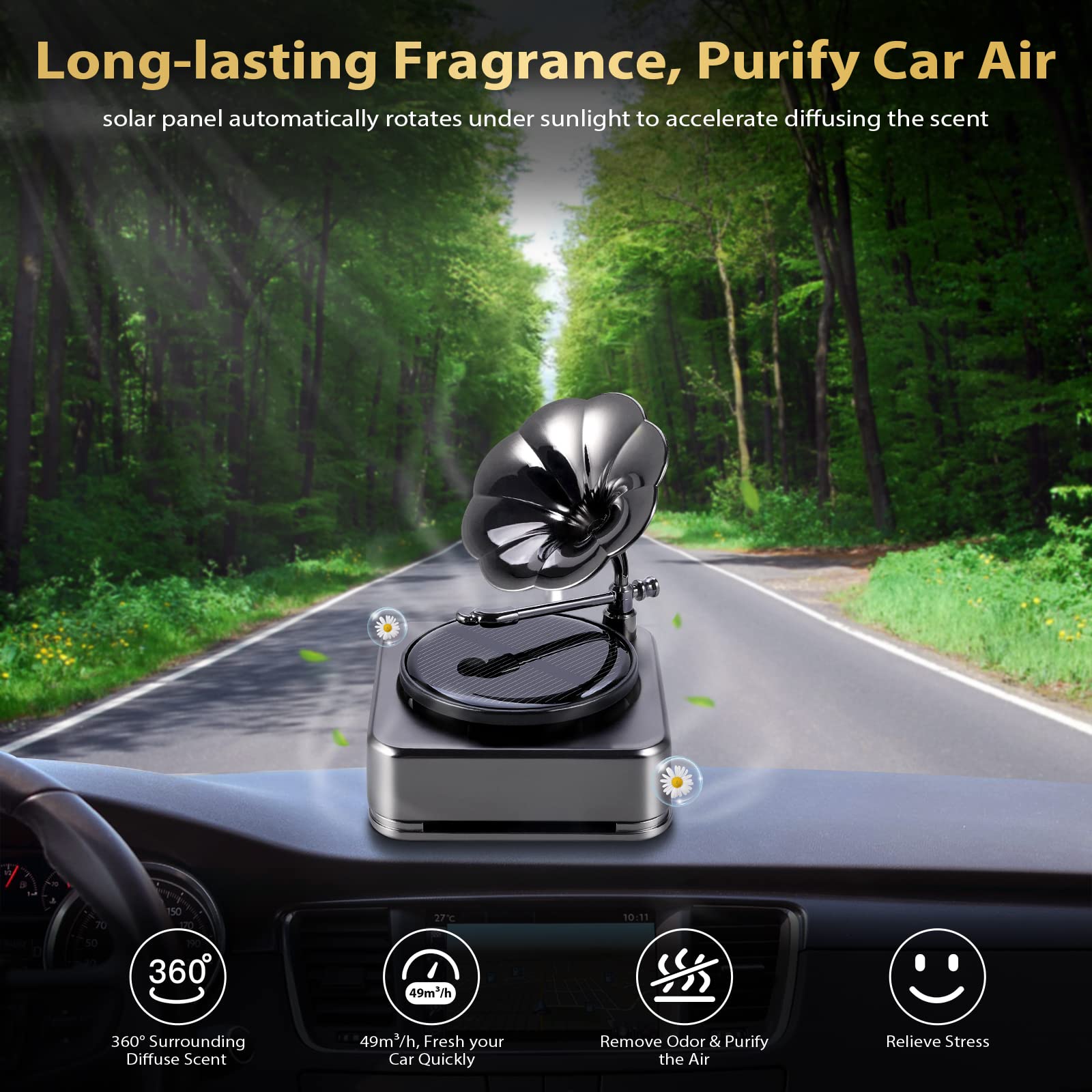 Solar Powered Rotating Car Air Freshener & Essential Oil Diffuser - 3 Natural Long-Lasting Fragrances, Aromatherapy Car Interior Decor Accessory for Men & Women (Black) | Perfect for Daily Commute, Road Trips & Office Use