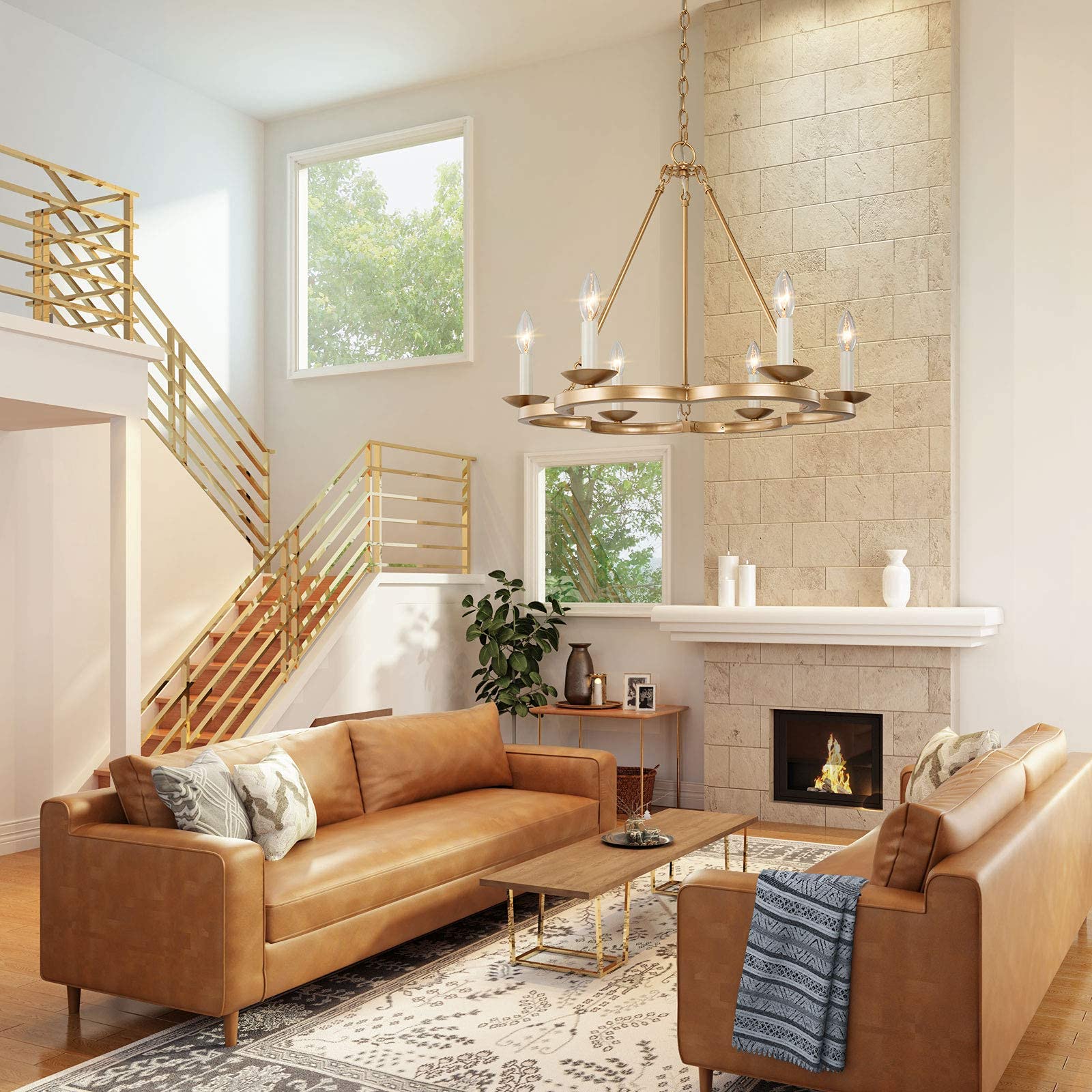 Modern Farmhouse Chandelier - Gold Wagon Wheel Ceiling Light Fixture with 6 Lights, Rustic Dining Room Chandelier for Farmhouse, Living Room & Bedroom Decor | Perfect for Country Homes, Restaurants and Cabin Lighting