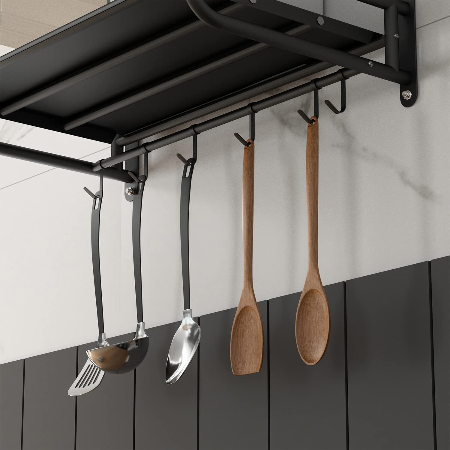 22 Inch Heavy Duty Stainless Steel Wall Shelf - Commercial & Household Grade Metal Shelving for Microwave Oven - Black Wall Mount Shelf with Fixing Kit (22