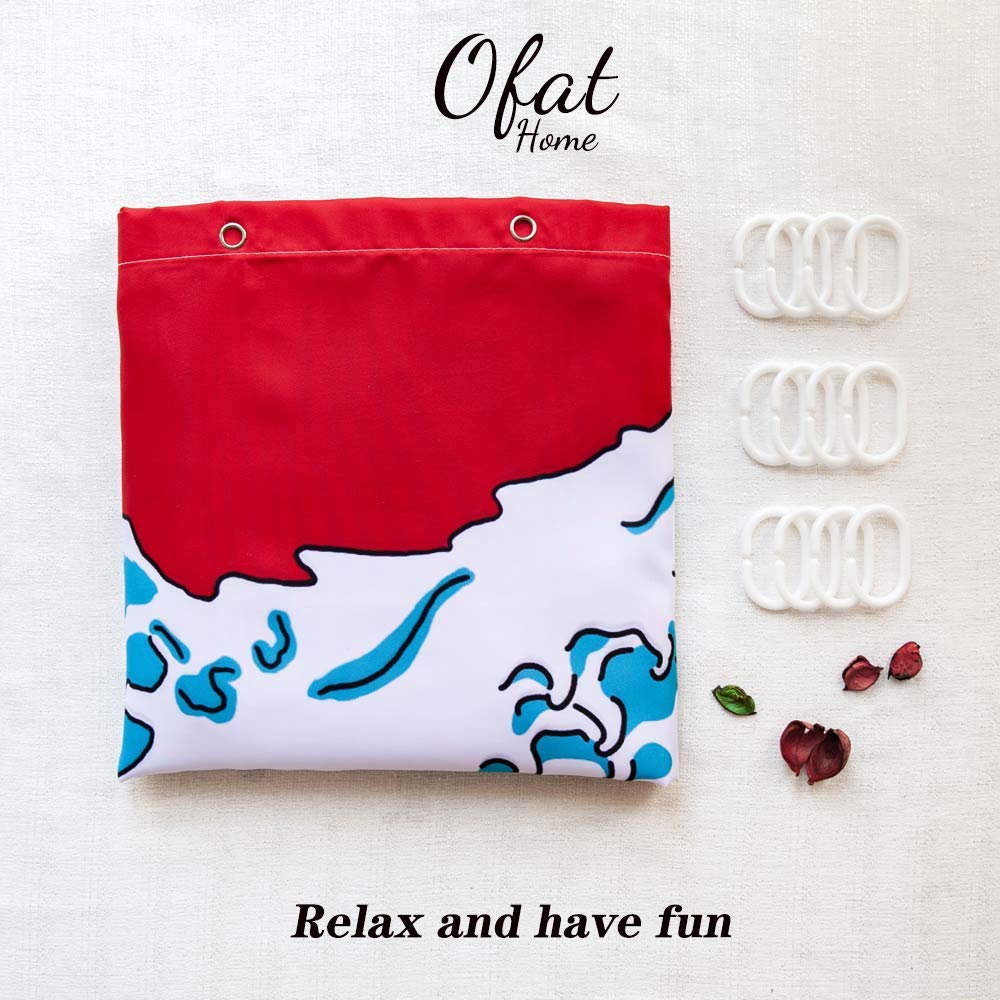 Ofat Home The Great Wave Off Kanagawa Shower Curtain Set with Hooks - Japanese Hokusai Painting Bathroom Decor (Red & Blue, 72x72 Inch, 150GSM) - Perfect for Coastal, Nautical or Japandi Style Bathrooms