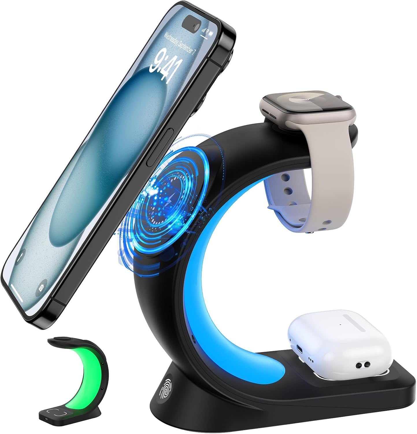 4-in-1 Magnetic Wireless Charging Station - Fast Charger Stand for iPhone 16/15/14/13/12 Series (Pro/Max), Apple Watch 2-9 & AirPods with RGB LED Night Light | Multi-Device Charging Dock for Bedroom, Office & Travel