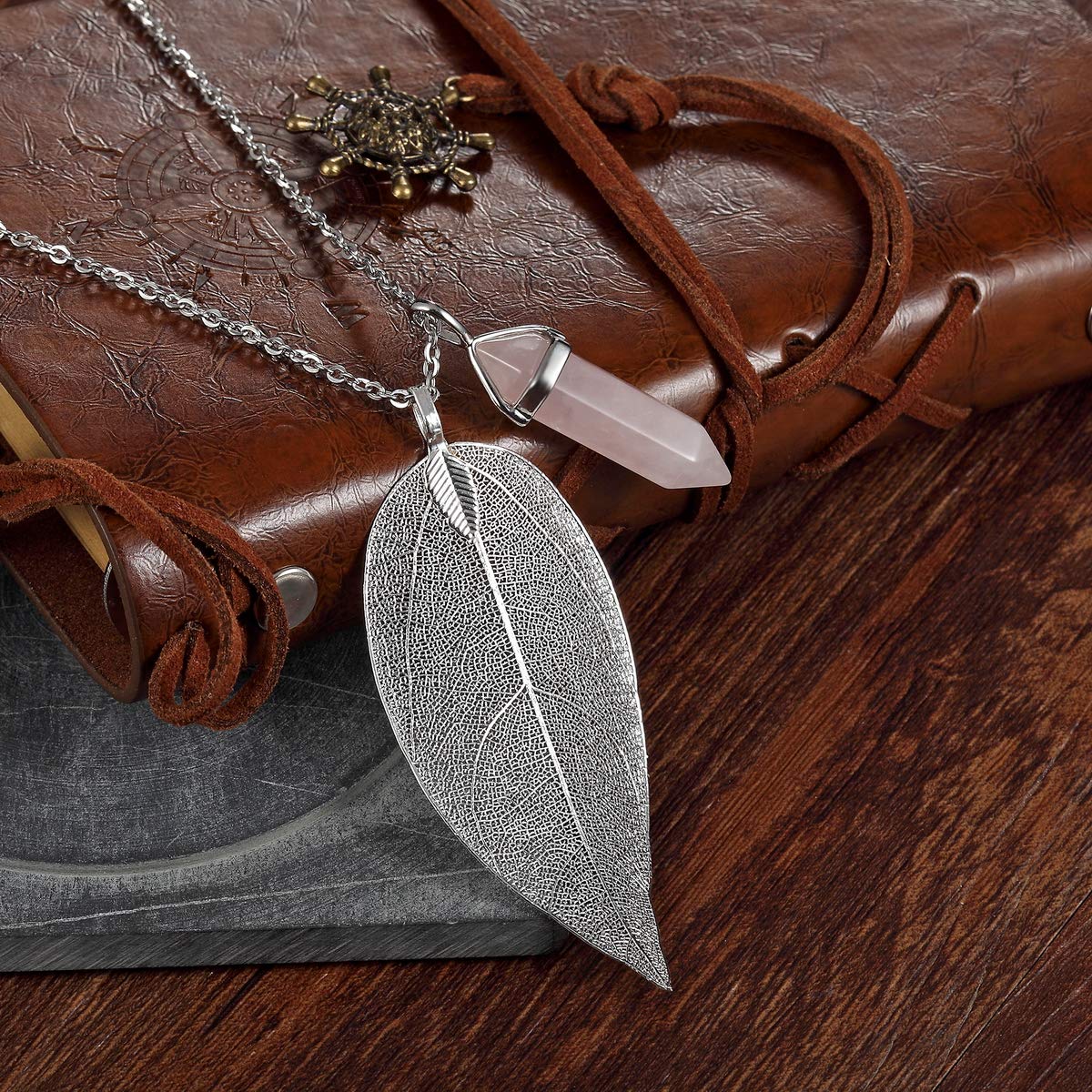 Rose Quartz Necklace for Women - Healing Crystal Pendant with Silver Plated Chain, Pointed Leaf Design | Spiritual Jewelry, Meditation Accessory, Energy Stone Gift