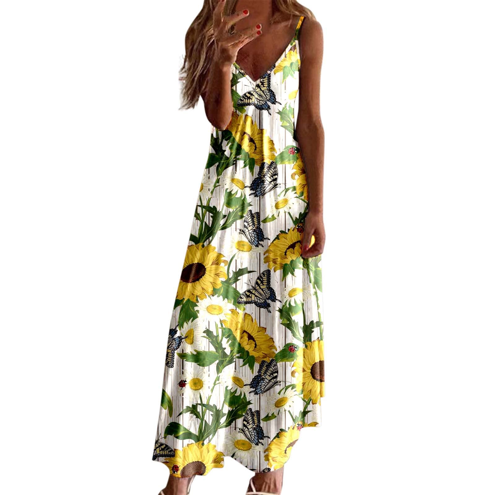Women's Floral Print Summer Short Dress - Spaghetti Strap Loose Tank Dress with V-Neck | Perfect for Vacation, Beach Outings & Casual Wear